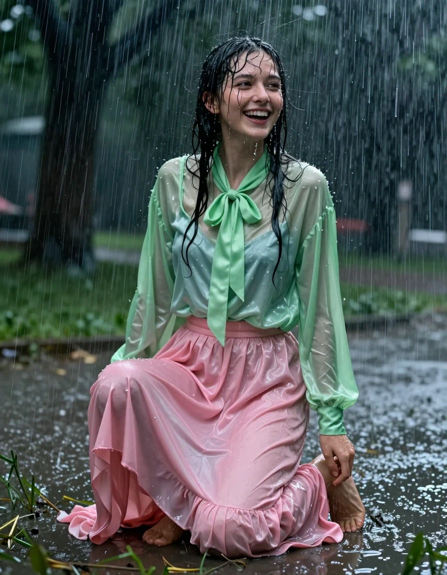 A photorealistic cinematic shot of a young adult European woman with a nerdy appearance, caught in a torrential downpour in an empty park at night. She is on her knees, her expression one of pure enjoyment as she embraces the storm. She is wearing a vivid light green satin long-sleeved oversized shirt with a bowtie, and a pink silk floor-length skirt layered over a petticoat. The fabrics are heavily soaked, clinging to her body with darker, saturated tones, visible water sheen, and heavy wet folds. Her skin and hair are glistening with rain, with water droplets streaming down her face and limbs. Her bare feet are pressed into the muddy, rain-slicked grass. The scene is illuminated by harsh, dramatic lighting that highlights the glistening wet textures and the intensity of the huge winds whipping through the park. High-resolution photography, 8k, detailed skin texture, hyper-realistic wet fabric physics, cold moody atmosphere.