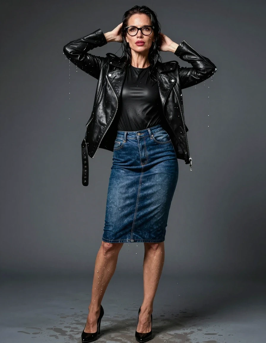 photo of young woman, in soaking wet, drenched clothes,
high heels black shoes, long blue tight leather denim skirt, long black tight leather t-shirt, maxi black leather byker jacket, after shower, enjoying wet clothes stuck body, enjoying, wet clothes stuck to body, 
enjoying, wet clothes stuck to body,
detailed textures of the wet clothes, wet face, wet plastered hair,
wet, drenched, professional, high-quality details, full body view.
sharp focus, ultra-high pixel detail, realistic, high-quality, full colors, incredibly detailed, 4k, 8k, 16k, hyper-realistic, RAW photo, masterpiece, ultra-detailed, professionally color graded, professional photograph, europen brunette skinny woman 50 years old, long dark black hair, office glasses, very big and thick lips, complete body, wet skin, wet clothes, damp fabric, wet skin, wet clothes, damp fabric, wet skin, wet clothes, damp fabric, wet skin, wet clothes, damp fabric, wet skin, wet clothes, damp fabric, wet skin, wet clothes, damp fabric, wet skin, wet clothes, damp fabric