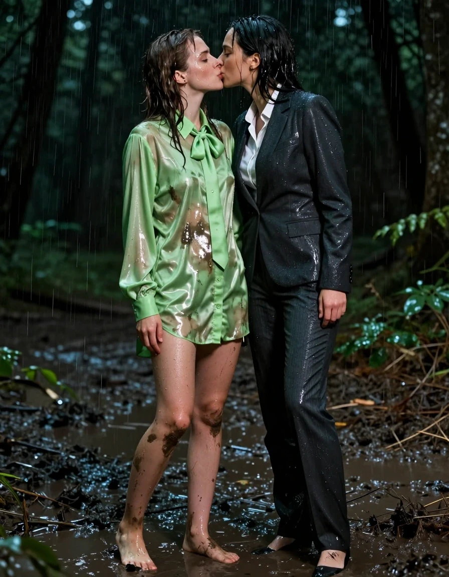 A photorealistic cinematic shot of a young adult European nerdy submissive woman with wet, matted hair and skin, kissing her elegant dominant female boss in a dark, muddy forest at night. The submissive woman is wearing a vivid light green satin long-sleeved oversized shirt with a bowtie, the fabric soaked through with rainwater, clinging to her skin with deep, dark patches, heavy folds, and glossy specular reflections. She is barefoot, with mud-caked skin and water-slicked feet. The dominant boss is dressed in sharp business casual attire, also visibly drenched and clinging with wetness. The forest floor is saturated, dark, and muddy, with water glistening on surrounding foliage. Rain is falling, creating a heavy atmosphere. High-contrast lighting, sharp focus on the subjects, wet skin texture, hyper-realistic water sheen, deep shadows, 8k resolution, professional photography, cinematic composition.