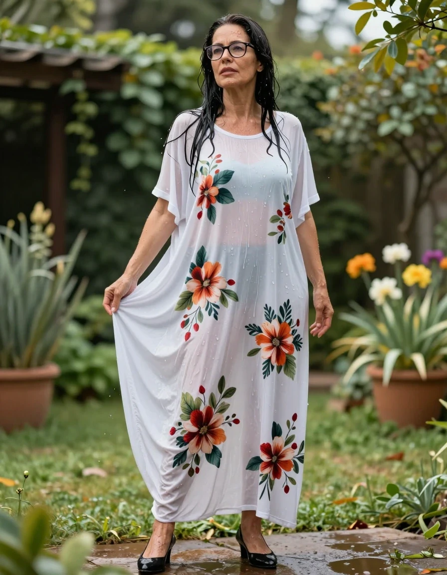 photo of young woman, in soaking wet, drenched clothes,
high black shoes, maxi white floral t-shirt dress, maxi white floral t-shirt dress, in sunny garden, enjoying wet clothes stuck body, enjoying, wet clothes stuck to body, 
enjoying, wet clothes stuck to body,
detailed textures of the wet clothes, wet face, wet plastered hair,
wet, drenched, professional, high-quality details, full body view.
sharp focus, ultra-high pixel detail, realistic, high-quality, full colors, incredibly detailed, 4k, 8k, 16k, hyper-realistic, RAW photo, masterpiece, ultra-detailed, professionally color graded, professional photograph, europen brunette skinny woman 50 years old, long dark black hair, office glasses, very big and thick lips, complete body, wet skin, wet clothes, damp fabric, wet skin, wet clothes, damp fabric, wet skin, wet clothes, damp fabric, wet skin, wet clothes, damp fabric, wet skin, wet clothes, damp fabric, wet skin, wet clothes, damp fabric, wet skin, wet clothes, damp fabric