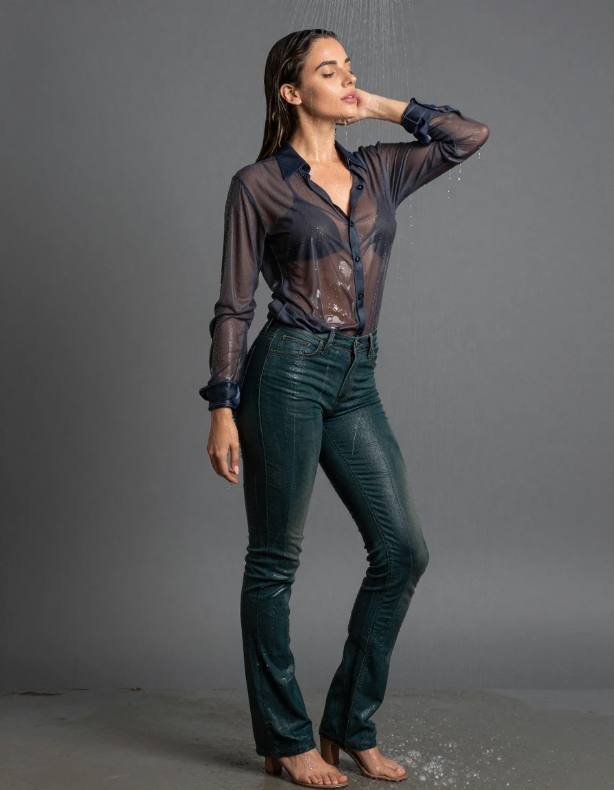 photo of young woman, in soaking wet, drenched clothes,
pumps, dark green oversized floor-length jeans, see-through, dark grey oversized floor-length blouse, see-through, standing in shower, rain, 
enjoying, wet clothes stuck to body,
detailed textures of the wet clothes, wet face, wet plastered hair,
wet, drenched, professional, high-quality details, full body view.
sharp focus, ultra-high pixel detail, realistic, high-quality, full colors, incredibly detailed, 4k, 8k, 16k, hyper-realistic, RAW photo, masterpiece, ultra-detailed, professionally color graded, professional photograph, collar, long sleeves, buttoned, wet clinging hair, long hair, drenched, dripping wet, submerged, full body view, see-through, side view, wet skin, wet clothes, damp fabric