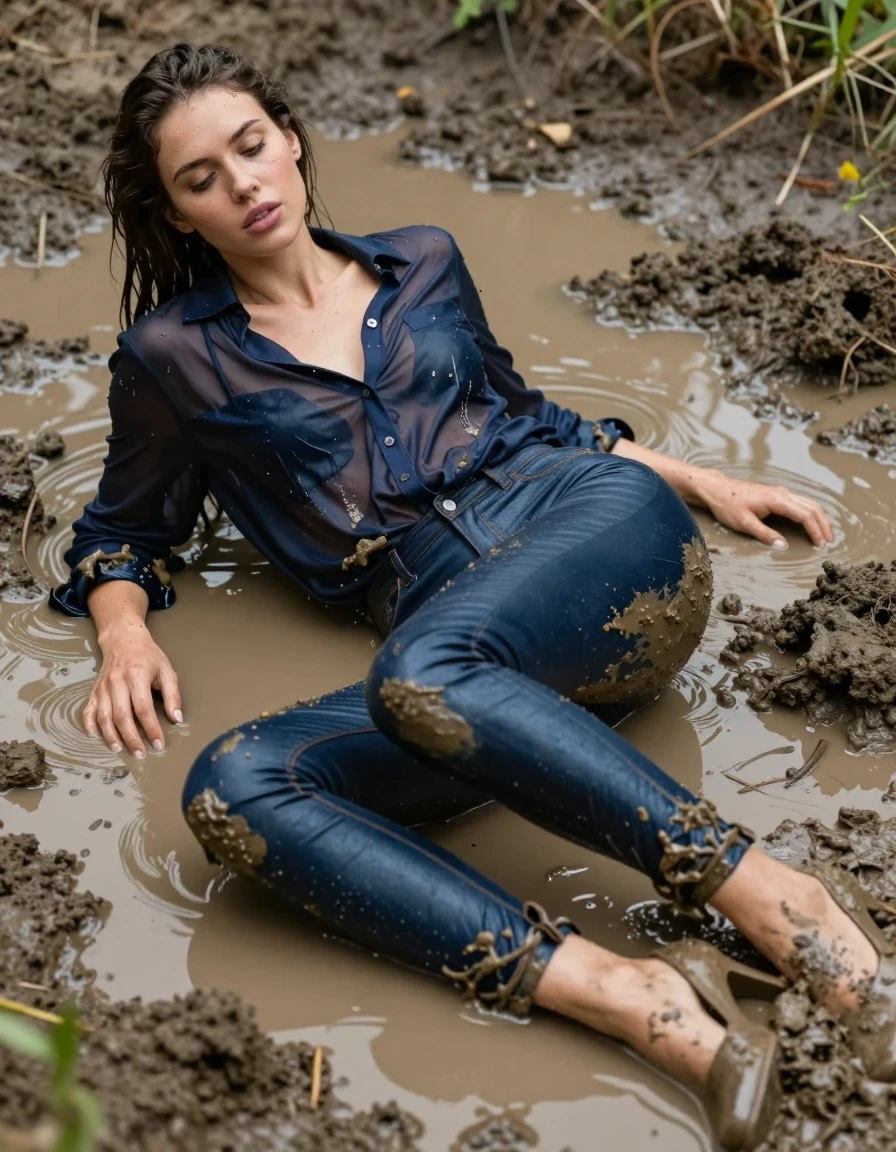 photo of young woman, in soaking wet, drenched clothes,
pumps, muddy dark blue slim floor-length silk jeans, see-through, muddy dark blue oversized long blouse, see-through, mud hole, 
enjoying, wet clothes stuck to body,
detailed textures of the wet clothes, wet face, wet plastered hair,
wet, drenched, professional, high-quality details, full body view.
sharp focus, ultra-high pixel detail, realistic, high-quality, full colors, incredibly detailed, 4k, 8k, 16k, hyper-realistic, RAW photo, masterpiece, ultra-detailed, professionally color graded, professional photograph, lying in muddy water, collar, long sleeves, buttoned,muddy wet hair, long hair, muddy clothes,  full body view, see-through, side view, muddy clothes, wet skin, wet clothes, damp fabric