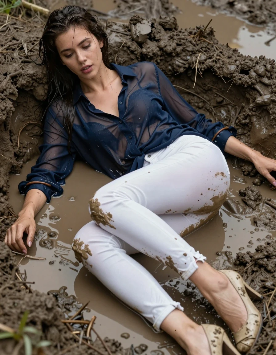 photo of young woman, in soaking wet, drenched clothes,
pumps, muddy white slim floor-length silk jeans, see-through, muddy dark blue oversized long blouse, see-through, mud hole, 
enjoying, wet clothes stuck to body,
detailed textures of the wet clothes, wet face, wet plastered hair,
wet, drenched, professional, high-quality details, full body view.
sharp focus, ultra-high pixel detail, realistic, high-quality, full colors, incredibly detailed, 4k, 8k, 16k, hyper-realistic, RAW photo, masterpiece, ultra-detailed, professionally color graded, professional photograph, lying in muddy water, collar, long sleeves, buttoned,muddy wet hair, long hair, muddy clothes,  full body view, see-through, side view, muddy clothes, wet skin, wet clothes, damp fabric