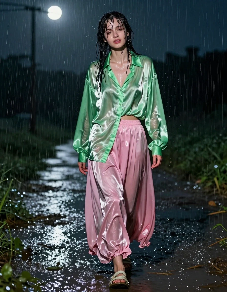A photorealistic shot of a disheveled, nerdy young adult European woman with an exhausted expression, walking home through empty, dark fields during a torrential downpour. She is wearing an oversized, vivid light green satin long-sleeved shirt, left unbuttoned down to her belly, paired with a floor-length pink silk skirt layered over multiple petticoats. The fabric is heavily soaked by the rain; the satin shirt clings to her skin, appearing darker and translucent in areas, while the silk skirt is weighed down, heavy with water, clinging to her legs in deep folds and ripples. She wears ruined, mud-caked sandals on her feet. Her hair is plastered to her forehead and shoulders, glistening with water. The environment is dark and atmospheric, lit by the cold, harsh light of a distant moon reflecting off the torrential rain and the water-logged ground. High-contrast cinematic lighting highlights the wet sheen on her skin and the saturated, heavy textures of her drenched clothing, captured with sharp focus, 8k resolution, and realistic textures.
