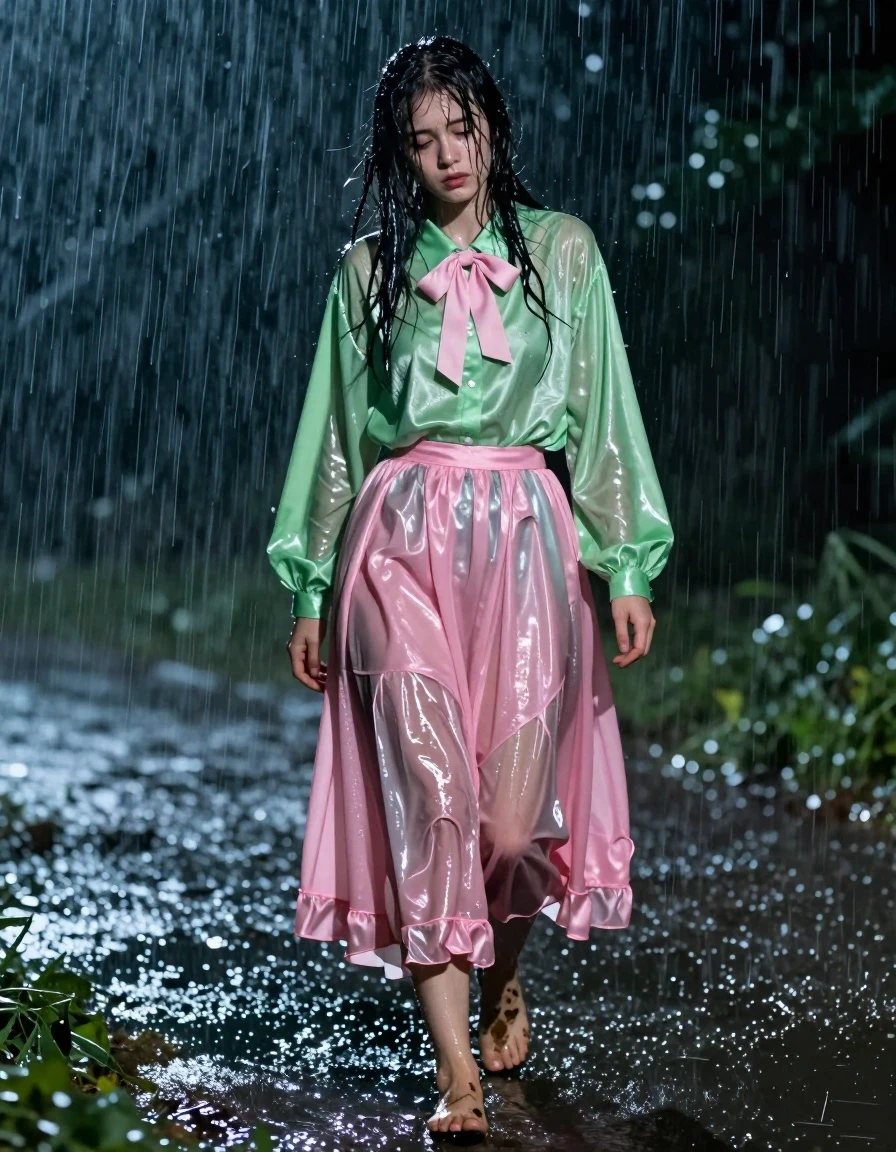 A cinematic, photorealistic full-body shot of a nerdy, exhausted young adult European woman walking home through empty, dark fields during a torrential nighttime rainstorm. She is wearing a vivid light green satin long-sleeved oversized shirt with a pink bowtie, and a floor-length pink silk skirt layered over multiple petticoats. The fabrics are heavily soaked, clinging to her form with deep, saturated tones, translucent patches, and heavy, wet folds that shimmer with intense specular highlights from the rain. Her hair is plastered to her face and shoulders, and her skin has a realistic, glistening wet sheen. She is barefoot, showing ruined, mud-caked heels and feet. The atmosphere is dark and moody, illuminated by cold moonlight reflecting off the deluge of rain and the saturated, heavy fabrics of her clothing. High-detail textures, hyper-realistic water physics, 8k resolution, captured on a 35mm lens with sharp focus on the subject's tired expression and the clinging, sodden textures of her attire.