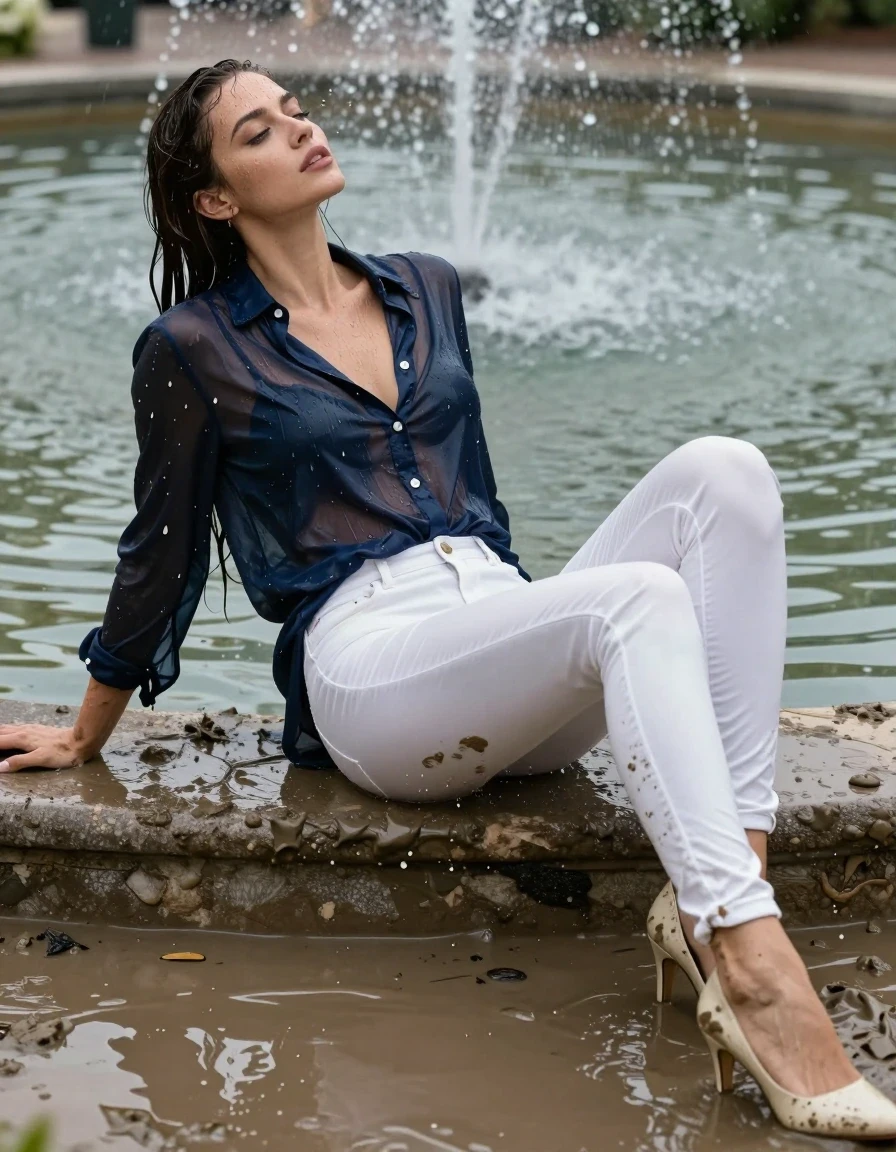 photo of young woman, in soaking wet, drenched clothes,
pumps, muddy white slim floor-length silk jeans, see-through, muddy dark blue oversized long blouse, see-through, mud shower, 
enjoying, wet clothes stuck to body,
detailed textures of the wet clothes, wet face, wet plastered hair,
wet, drenched, professional, high-quality details, full body view.
sharp focus, ultra-high pixel detail, realistic, high-quality, full colors, incredibly detailed, 4k, 8k, 16k, hyper-realistic, RAW photo, masterpiece, ultra-detailed, professionally color graded, professional photograph, lying in muddy fountain, collar, long sleeves, buttoned, muddy wet hair, long hair, muddy clothes,  full body view, see-through, side view, muddy clothes, drenched clothes, shower, wet skin, wet clothes, damp fabric