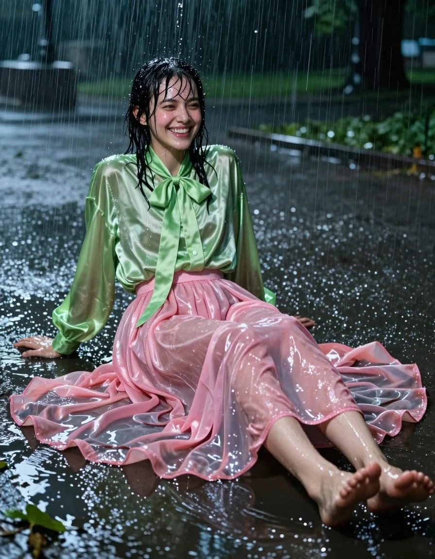 A photorealistic cinematic shot of a young adult European woman with a nerdy aesthetic, caught in a torrential night-time downpour in an empty park. She is lying on the ground in a large puddle, her bare feet exposed and wet. She wears a vivid light green satin long-sleeved oversized shirt with a bowtie, and a floor-length pink silk skirt layered over a voluminous petticoat. The fabrics are heavy, clinging, and translucent from the deluge, with the satin and silk darkened, glistening, and clinging to her body with realistic wet texture and deep folds. Her skin is slick with rain, hair plastered to her face, and water sheen covering her entire form. She has an expression of intense pleasure and ecstasy, fully enjoying the storm. The environment features high winds blowing rain across the frame, dark park surroundings, and dramatic low-light illumination catching the water droplets and the glossy, reflective surfaces of her soaked clothing. Sharp focus on the subject, 8k resolution, highly detailed wet skin and fabric textures, captured with a fast shutter speed to freeze the falling rain.