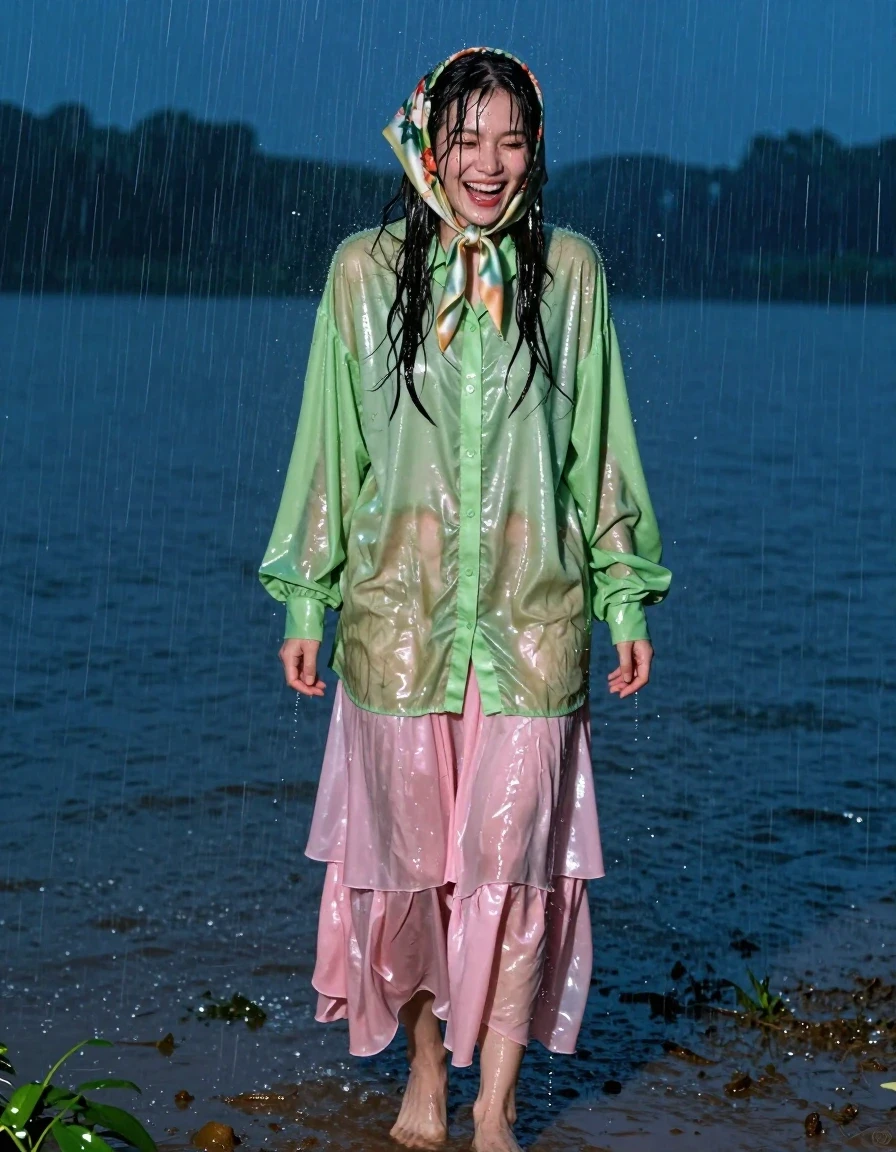 A photorealistic portrait of a nerdy young adult European woman caught in a torrential downpour next to a lake at night. She has wet, rain-slicked hair and skin, with water droplets streaming down her face as she laughs, clearly enjoying the storm. She is wearing a vivid light green satin long-sleeved oversized shirt with a bowtie, appearing heavy, clinging, and darkened by the rain, and a pink silk floor-length skirt layered over multiple petticoats, the fabric soaked, translucent, and clinging to her legs in heavy wet folds. She wears a silk headscarf adorned with flowers, which is drenched and darkened. She is barefoot, standing on the damp, muddy lakeshore. The environment is chaotic with huge winds whipping through the scene, heavy rain visible in the air, and deep blue night atmosphere. High-resolution photography, sharp focus on the textures of the damp fabric and wet skin, glossy specular highlights from the rain, realistic water sheen, cinematic lighting, dramatic weather effects.