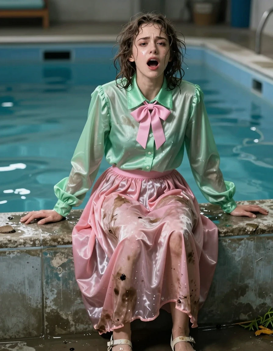 A photorealistic portrait of an exhausted, nerdy young adult European woman with disheveled hair, gasping for air as she emerges from an empty, weathered concrete swimming pool. She is wearing a vivid light green satin long-sleeved oversized shirt adorned with a pink bowtie, and a pink silk floor-length skirt layered with multiple petticoats. Her skin is glistening with water, and her clothes are heavily saturated, clinging to her body with realistic damp fabric textures, dark patches, and heavy wet folds. She wears ruined, water-logged sandals on her feet. The scene captures a look of genuine, breathless enjoyment despite her disheveled state. The lighting is cinematic, highlighting the water sheen on her skin and the deep, rich tones of the soaked fabric, captured with high-detail photographic precision, shallow depth of field, and sharp focus on her expressive, wet face.
