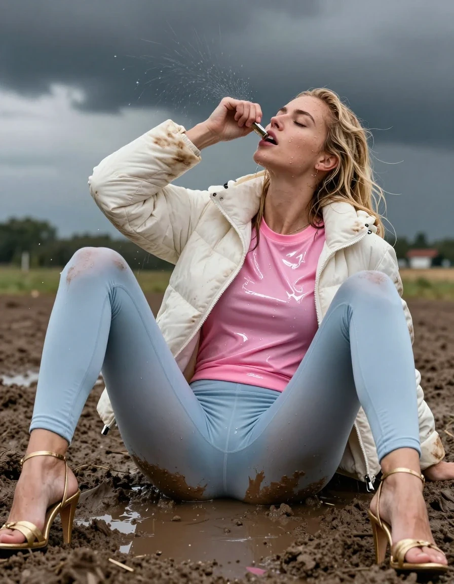 photo of young woman, in soaking wet, drenched clothes,
Strappy gold stilettos, Dirty pale blue leggings , Very dirty white puffer jacket , shiny pink t-shirt , Lying back in deep mud, legs apart, peeing, 
enjoying, wet clothes stuck to body,
detailed textures of the wet clothes, wet face, wet plastered hair,
wet, drenched, professional, high-quality details, full body view.
sharp focus, ultra-high pixel detail, realistic, high-quality, full colors, incredibly detailed, 4k, 8k, 16k, hyper-realistic, RAW photo, masterpiece, ultra-detailed, professionally color graded, professional photograph, Blonde, in thunder storm, wet skin, wet clothes, wet skin, wet clothes, damp fabric