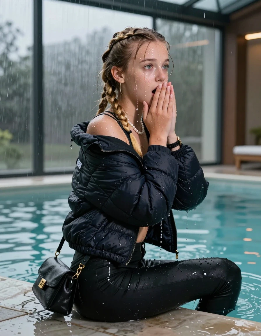 photo of young woman, in soaking wet, drenched clothes,
, Dark skinny jeans,  north face puffer down jacket, Open jacket, tight v-neck sweater, shoulderbag, pearl necklace, bracelet, wristwatch, Steaming indoor jacuzzi , 
enjoying, wet clothes stuck to body,
detailed textures of the wet clothes, wet face, wet plastered hair,
wet, drenched, professional, high-quality details, full body view.
sharp focus, ultra-high pixel detail, realistic, high-quality, full colors, incredibly detailed, 4k, 8k, 16k, hyper-realistic, RAW photo, masterpiece, ultra-detailed, professionally color graded, professional photograph, A realistic vertical fashion photograph taken from a backward, behind-the-back angle of a 15-year-old teenage girl sitting  in a glass-walled outdoor swimming pool, facing to the camera to show her back. She is tilting her head at camera, letting the water drench her hair so it is glued flat against her head and body. She has two blonde long braids , completely saturated and dripping wet hair, with water cascading down her face and neck. Afraid and astonished expression. cover her mouth with her hands. open mouth, big eyes. The lighting is bright and cinematic, highlighting the glistening water droplets on her skin and the saturated texture of her  casual clothes. Outside the large glass wall of the pool building, heavy rain is visible falling against the window. Soft, moody indoor lighting with reflections on the water. High-quality fashion photography style.
her clothing is soaking wet and clinging tightly to her skin, showing heavy wet folds, darkened fabric texture, and deep water-saturated Patches, her clothes are heavy from the water, water runs from her body and her clothes in streams. A lot of water also runs out of her clothes. Her clothes are darkened by the water. 
hyper-realistic wetness, high-contrast water sheen, sharp focus, 16k resolution, professional photography, realistic water physics., wet skin, wet clothes, damp fabric, wet skin, wet clothes, damp fabric, wet skin, wet clothes, damp fabric, wet skin, wet clothes, damp fabric, wet skin, wet clothes, damp fabric, wet skin, wet clothes, damp fabric, wet skin, wet clothes, damp fabric, wet skin, wet clothes, damp fabric, wet skin, wet clothes, damp fabric, wet skin, wet clothes, damp fabric, wet skin, wet clothes, damp fabric, wet skin, wet clothes, damp fabric, wet skin, wet clothes, damp fabric, wet skin, wet clothes, damp fabric, wet skin, wet clothes, damp fabric