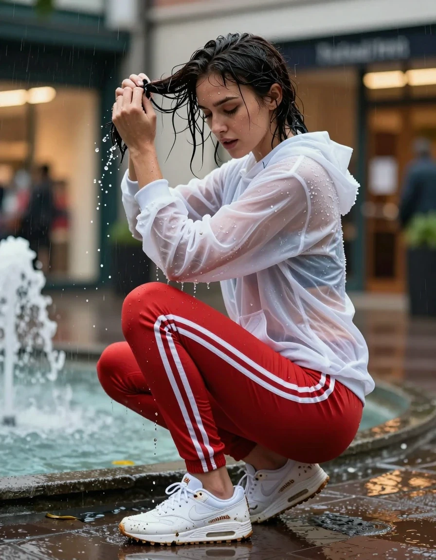 photo of young woman, in soaking wet, drenched clothes,
white sodden nike airmax athletic trainers with muddy water splashes, Red adidas firebird trackpant clinging to skin from heavy rain, translucent white oversized wet gym hoodie revealing layers beneath, Fountain with rain-slicked pavement and glowing storefront lights, 
enjoying, wet clothes stuck to body,
detailed textures of the wet clothes, wet face, wet plastered hair,
wet, drenched, professional, high-quality details, full body view.
sharp focus, ultra-high pixel detail, realistic, high-quality, full colors, incredibly detailed, 4k, 8k, 16k, hyper-realistic, RAW photo, masterpiece, ultra-detailed, professionally color graded, professional photograph, candid paparazzi capture, woman wringing out her wet ponytail, water dripping from hemline, hyper-realistic fabric texture, high-speed shutter, 85mm lens, depth of field, natural rainy atmosphere, vibrant moody lighting, wet skin, wet clothes, damp fabric