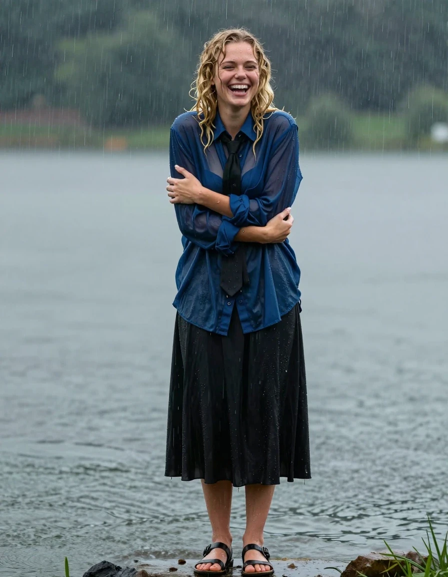 photo of young woman, in soaking wet, drenched clothes,
sandals, floor-length cotton black skirt. multiple petticoats, long-sleeved oversized deep blue see-through buttoned-down shirt, black necktie, enjoying the rain in a lake, laughing, hugging herself, 
enjoying, wet clothes stuck to body,
detailed textures of the wet clothes, wet face, wet plastered hair,
wet, drenched, professional, high-quality details, full body view.
sharp focus, ultra-high pixel detail, realistic, high-quality, full colors, incredibly detailed, 4k, 8k, 16k, hyper-realistic, RAW photo, masterpiece, ultra-detailed, professionally color graded, professional photograph, blonde, curly haired, nerdy, heavy rain, wet skin, wet clothes, damp fabric, wet skin, wet clothes, damp fabric, wet skin, wet clothes, damp fabric