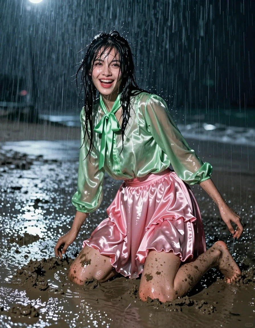 A photorealistic medium shot of a young adult European woman with a nerdy appearance, caught in a torrential downpour on a dark, empty muddy beach at night. She is on her knees, sinking deep into the thick, dark mud, with an expression of pure joy as she embraces the rain. She is wearing a vivid light green satin long-sleeved oversized shirt with a bowtie, and a pink silk floor-length skirt layered over multiple petticoats. The fabric of the shirt and skirt is completely soaked, clinging to her body, with the silk and satin materials appearing heavy, translucent, and darkened by the water, showing deep folds and a high-gloss, wet sheen. Her hair is matted and plastered to her face by the storm, and her bare feet are caked in mud. The environment features huge winds whipping the rain horizontally, with dramatic, high-contrast lighting from a distant moonlight source reflecting off the slick, water-saturated surfaces. The image captures extreme wetness, with water running down her skin and fabric, realistic texture, and a cinematic, high-detail photographic aesthetic.