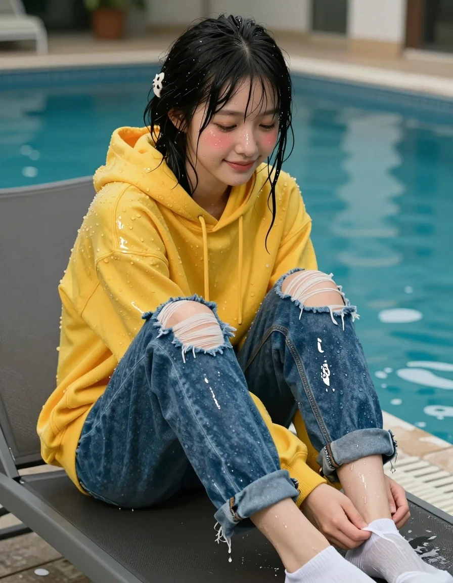 A photorealistic medium shot of a petite Japanese-American woman in her early 20s with glossy, dripping black hair pulled half-up with a delicate floral clip. She is sitting on a lounge seat at the edge of an indoor pool, looking down with a shy, endearing smile and flushed cheeks. Her skin is glistening with water droplets and a wet sheen. She wears an oversized, water-saturated yellow hoodie that clings to her frame, heavy with moisture and darkening in color. She wears ripped baggy denim jeans: soaking-wet blue denim jeans, water-saturated heavyweight denim, blue changed to deep navy and indigo, substantially darker unevenly soaked patches, absorbed water, heavy wet folds, visible weave and stitching, and strong glossy specular reflections on the raised weave, seams, and creases. She is wearing white and gray socks that are damp and clinging to her feet, one of which she is gently rubbing with her hand. The background features the tiled edge of an indoor pool with soft, ambient lighting reflecting off the water surface. High-resolution photography, 8k, realistic skin texture, water-soaked fabric physics, cinematic lighting, shallow depth of field.