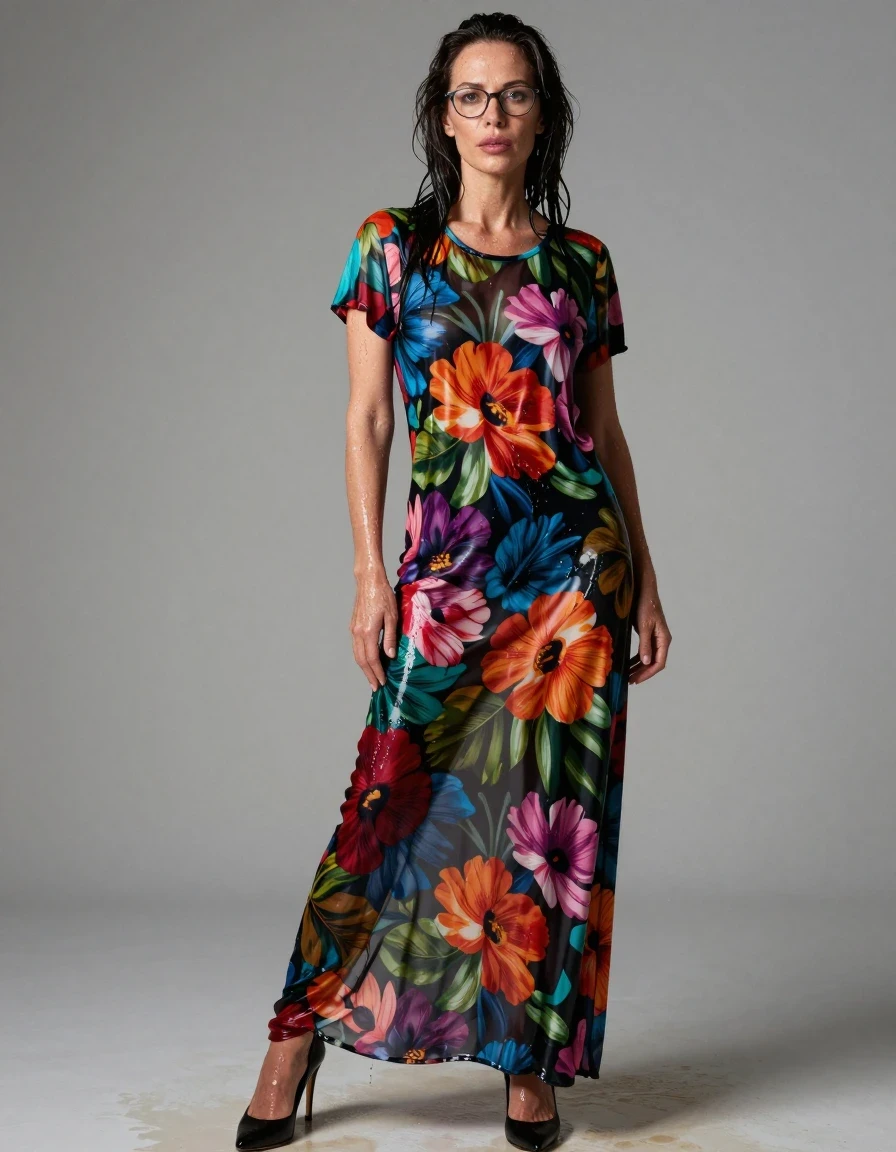 photo of young woman, in soaking wet, drenched clothes,
high black shoes, maxi multicolored floral t-shirt dress, maxi multicolored floral t-shirt dress, after shower, enjoying wet clothes stuck body, enjoying, wet clothes stuck to body, 
enjoying, wet clothes stuck to body,
detailed textures of the wet clothes, wet face, wet plastered hair,
wet, drenched, professional, high-quality details, full body view.
sharp focus, ultra-high pixel detail, realistic, high-quality, full colors, incredibly detailed, 4k, 8k, 16k, hyper-realistic, RAW photo, masterpiece, ultra-detailed, professionally color graded, professional photograph, europen brunette skinny woman 50 years old, long dark black hair, office glasses, very big and thick lips, complete body, wet skin, wet clothes, damp fabric, wet skin, wet clothes, damp fabric, wet skin, wet clothes, damp fabric, wet skin, wet clothes, damp fabric, wet skin, wet clothes, damp fabric, wet skin, wet clothes, damp fabric, wet skin, wet clothes, damp fabric