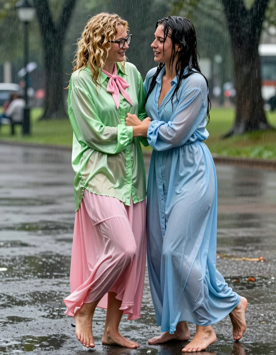 photo of young woman, in soaking wet, drenched clothes,
barefeet, pink silk floor length skirt, multiple petticoats, vivid light green satin long sleeved oversized shirt, pink bowtie, in an empty park during torrential rain, 
enjoying, wet clothes stuck to body,
detailed textures of the wet clothes, wet face, wet plastered hair,
wet, drenched, professional, high-quality details, full body view.
sharp focus, ultra-high pixel detail, realistic, high-quality, full colors, incredibly detailed, 4k, 8k, 16k, hyper-realistic, RAW photo, masterpiece, ultra-detailed, professionally color graded, professional photograph, 2 lesbians: 1st woman is blonde with curly hair and wears glasses, the other brunette woman is wearing light blue long-sleeved buttoned-down maxi dress, wrestling with each other, wet skin, wet clothes, damp fabric, wet skin, wet clothes, damp fabric