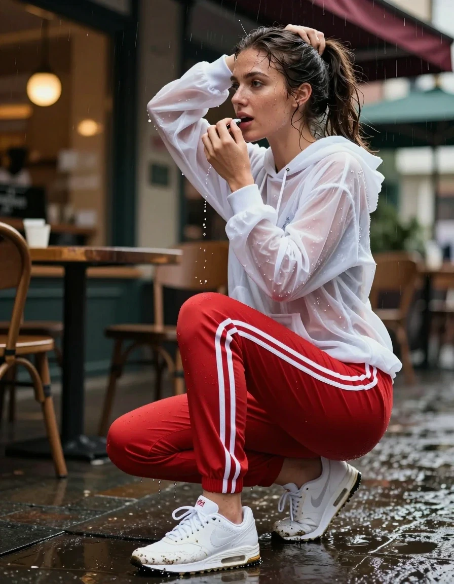photo of young woman, in soaking wet, drenched clothes,
white sodden nike airmax athletic trainers with muddy water splashes, Red adidas firebird trackpant clinging to skin from heavy rain, translucent white oversized wet gym hoodie revealing layers beneath, outdoor cafe frontage with rain-slicked pavement and glowing storefront lights, 
enjoying, wet clothes stuck to body,
detailed textures of the wet clothes, wet face, wet plastered hair,
wet, drenched, professional, high-quality details, full body view.
sharp focus, ultra-high pixel detail, realistic, high-quality, full colors, incredibly detailed, 4k, 8k, 16k, hyper-realistic, RAW photo, masterpiece, ultra-detailed, professionally color graded, professional photograph, candid paparazzi capture, woman wringing out her wet ponytail, water dripping from hemline, hyper-realistic fabric texture, high-speed shutter, 85mm lens, depth of field, natural rainy atmosphere, vibrant moody lighting, wet skin, wet clothes, damp fabric