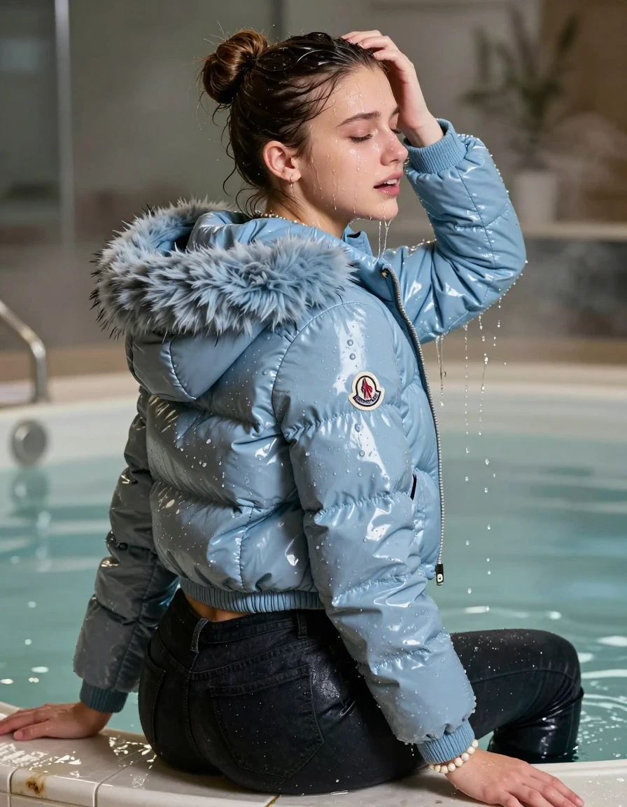 photo of young woman, in soaking wet, drenched clothes,
, Dark skinny jeans, Light blue Moncler shiny puffer down jacket with fur, Open jacket, tight v-neck sweater, shoulderbag, pearl necklace, bracelet, wristwatch, Steaming indoor jacuzzi , 
enjoying, wet clothes stuck to body,
detailed textures of the wet clothes, wet face, wet plastered hair,
wet, drenched, professional, high-quality details, full body view.
sharp focus, ultra-high pixel detail, realistic, high-quality, full colors, incredibly detailed, 4k, 8k, 16k, hyper-realistic, RAW photo, masterpiece, ultra-detailed, professionally color graded, professional photograph, A realistic vertical fashion photograph taken from a backward, behind-the-back angle of a 15-year-old teenage girl sitting in a steaming indoor jacuzzi, facing away from the camera to show her back. She is tilting her head at camera, letting the water drench her hair so it is glued flat against her head and body. She has a sleek bun , completely saturated and dripping wet hair, with water cascading down her face and neck, crying and astonished expression. The lighting is bright and cinematic, highlighting the glistening water droplets on her skin and the saturated texture of her  casual clothes.  half closed eyes. 
her clothing is soaking wet and clinging tightly to her skin, showing heavy wet folds, darkened fabric texture, and deep water-saturated Patches, her clothes are heavy from the water, water runs from her body and her clothes in streams. A lot of water also runs out of her clothes. Her clothes are darkened by the water. 
hyper-realistic wetness, high-contrast water sheen, sharp focus, 16k resolution, professional photography, realistic water physics., wet skin, wet clothes, damp fabric, wet skin, wet clothes, damp fabric, wet skin, wet clothes, damp fabric, wet skin, wet clothes, damp fabric, wet skin, wet clothes, damp fabric, wet skin, wet clothes, damp fabric, wet skin, wet clothes, damp fabric, wet skin, wet clothes, damp fabric, wet skin, wet clothes, damp fabric, wet skin, wet clothes, damp fabric, wet skin, wet clothes, damp fabric, wet skin, wet clothes, damp fabric, wet skin, wet clothes, damp fabric