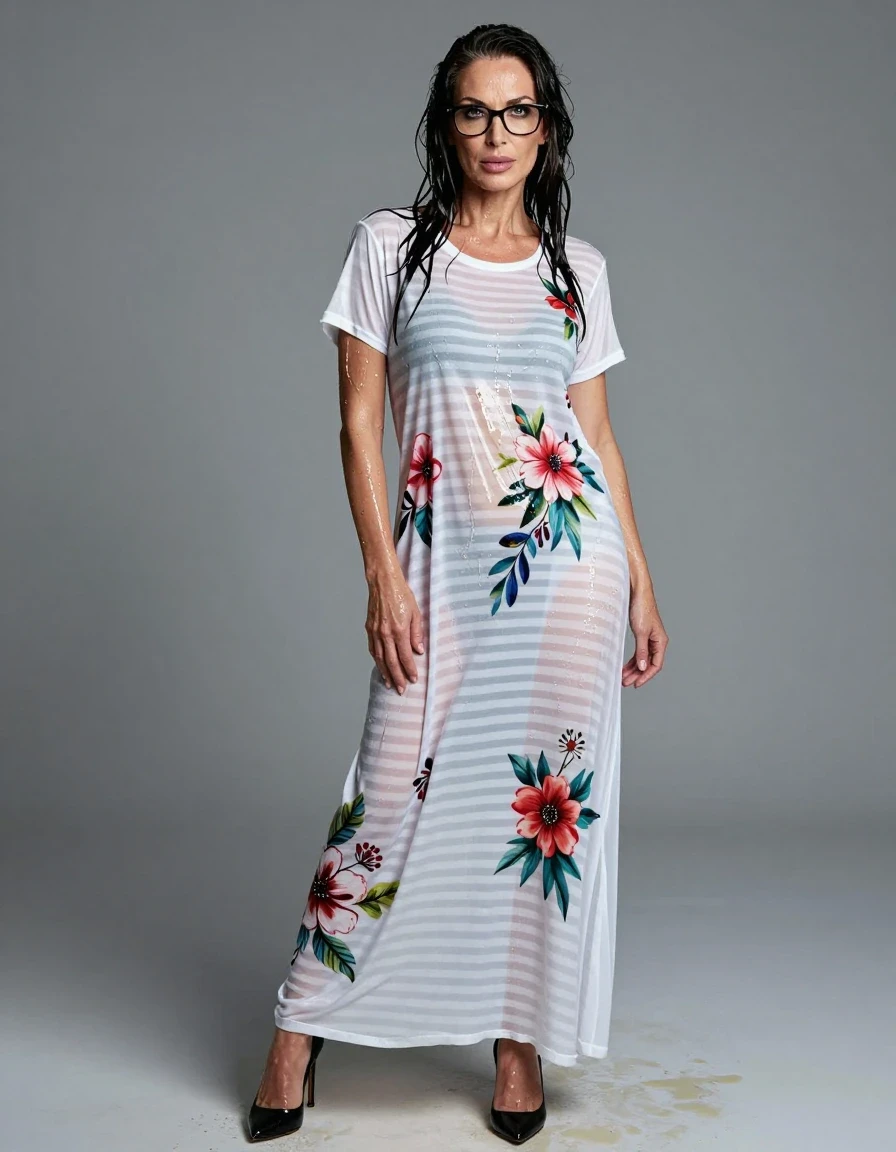 photo of young woman, in soaking wet, drenched clothes,
high black shoes, maxi white striped floral t-shirt dress, maxi white striped floral t-shirt dress, after shower, enjoying wet clothes stuck body, enjoying, wet clothes stuck to body, 
enjoying, wet clothes stuck to body,
detailed textures of the wet clothes, wet face, wet plastered hair,
wet, drenched, professional, high-quality details, full body view.
sharp focus, ultra-high pixel detail, realistic, high-quality, full colors, incredibly detailed, 4k, 8k, 16k, hyper-realistic, RAW photo, masterpiece, ultra-detailed, professionally color graded, professional photograph, europen brunette skinny woman 50 years old, long dark black hair, office glasses, very big and thick lips, complete body, wet skin, wet clothes, damp fabric, wet skin, wet clothes, damp fabric, wet skin, wet clothes, damp fabric, wet skin, wet clothes, damp fabric, wet skin, wet clothes, damp fabric, wet skin, wet clothes, damp fabric, wet skin, wet clothes, damp fabric
