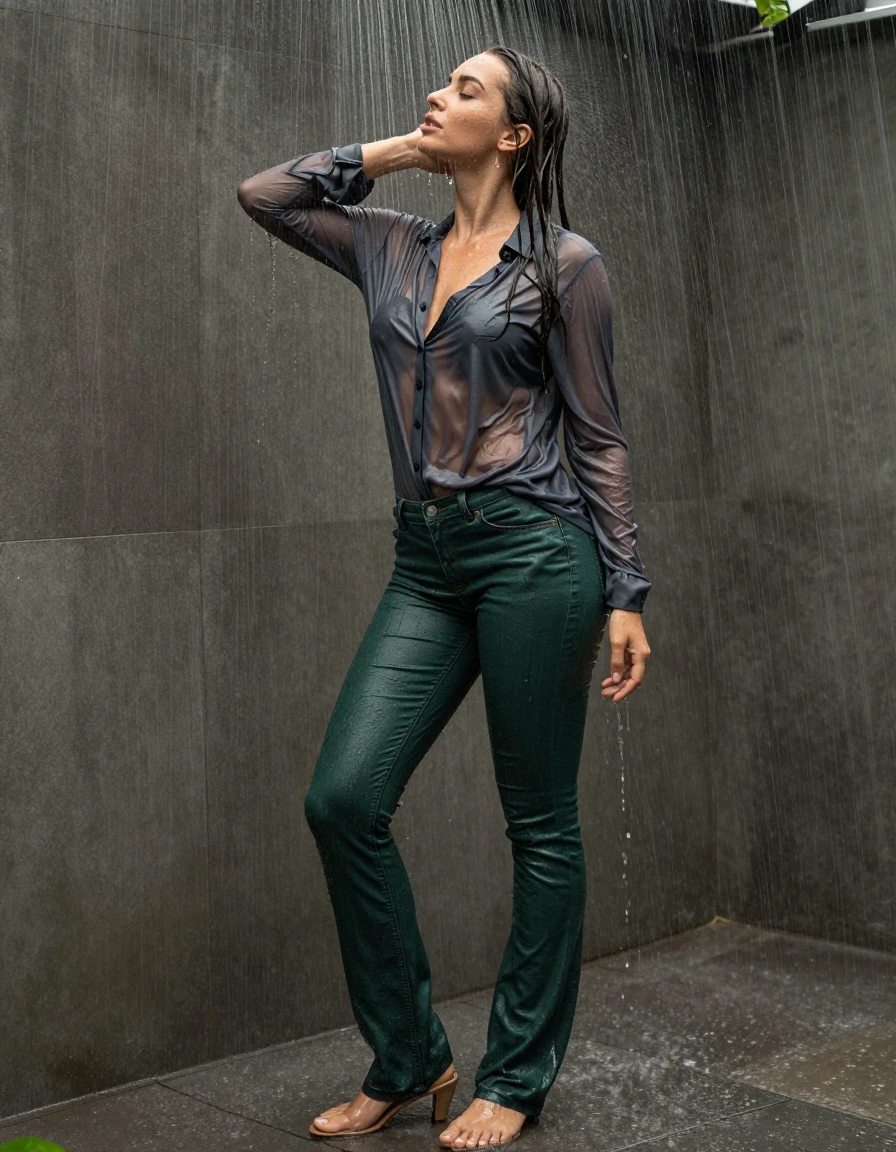 photo of young woman, in soaking wet, drenched clothes,
pumps, dark green oversized floor-length jeans, see-through, dark grey oversized floor-length blouse, see-through, standing in shower, rain, 
enjoying, wet clothes stuck to body,
detailed textures of the wet clothes, wet face, wet plastered hair,
wet, drenched, professional, high-quality details, full body view.
sharp focus, ultra-high pixel detail, realistic, high-quality, full colors, incredibly detailed, 4k, 8k, 16k, hyper-realistic, RAW photo, masterpiece, ultra-detailed, professionally color graded, professional photograph, collar, long sleeves, buttoned, wet clinging hair, long hair, drenched, dripping wet, submerged, full body view, see-through, side view, wet skin, wet clothes, damp fabric
