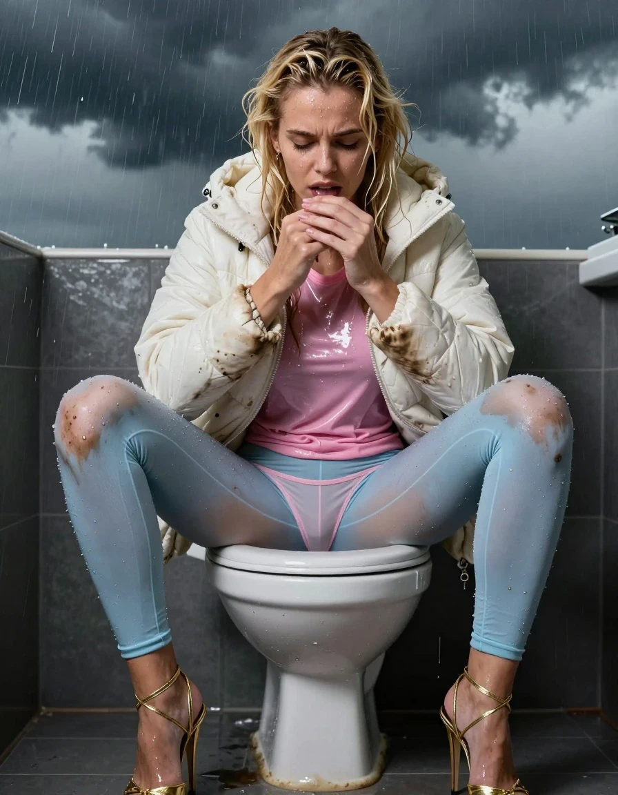 photo of young woman, in soaking wet, drenched clothes,
Strappy gold stilettos, Dirty pale blue leggings , Very muddy white puffer jacket , shiny pink t-shirt , On toilet, legs apart, peeing in panties, 
enjoying, wet clothes stuck to body,
detailed textures of the wet clothes, wet face, wet plastered hair,
wet, drenched, professional, high-quality details, full body view.
sharp focus, ultra-high pixel detail, realistic, high-quality, full colors, incredibly detailed, 4k, 8k, 16k, hyper-realistic, RAW photo, masterpiece, ultra-detailed, professionally color graded, professional photograph, Blonde, in thunder storm, wet skin, wet clothes, wet skin, wet clothes, damp fabric