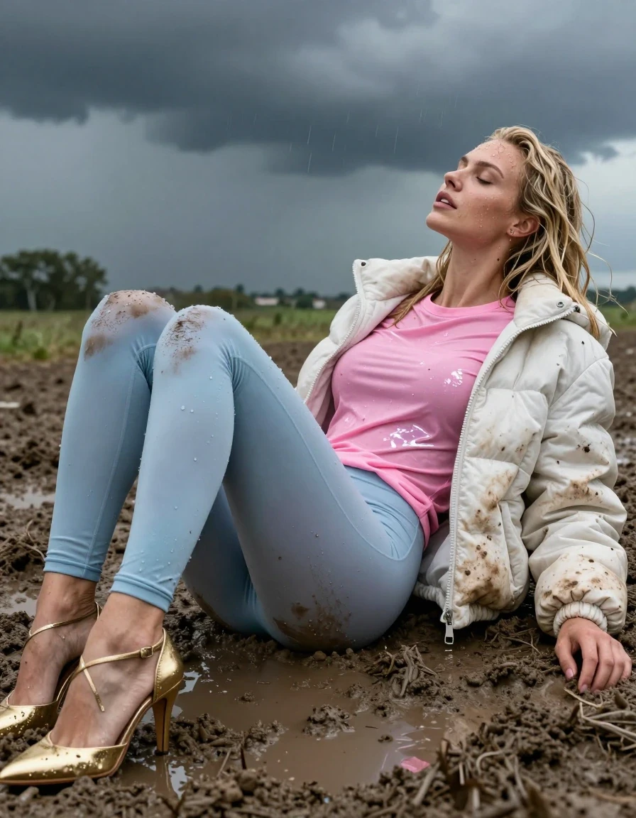 photo of young woman, in soaking wet, drenched clothes,
Strappy gold stilettos, Dirty pale blue leggings , Very dirty white puffer jacket , shiny pink t-shirt , Lying back in deep mud, 
enjoying, wet clothes stuck to body,
detailed textures of the wet clothes, wet face, wet plastered hair,
wet, drenched, professional, high-quality details, full body view.
sharp focus, ultra-high pixel detail, realistic, high-quality, full colors, incredibly detailed, 4k, 8k, 16k, hyper-realistic, RAW photo, masterpiece, ultra-detailed, professionally color graded, professional photograph, Blonde, in thunder storm, wet skin, wet clothes, wet skin, wet clothes, damp fabric