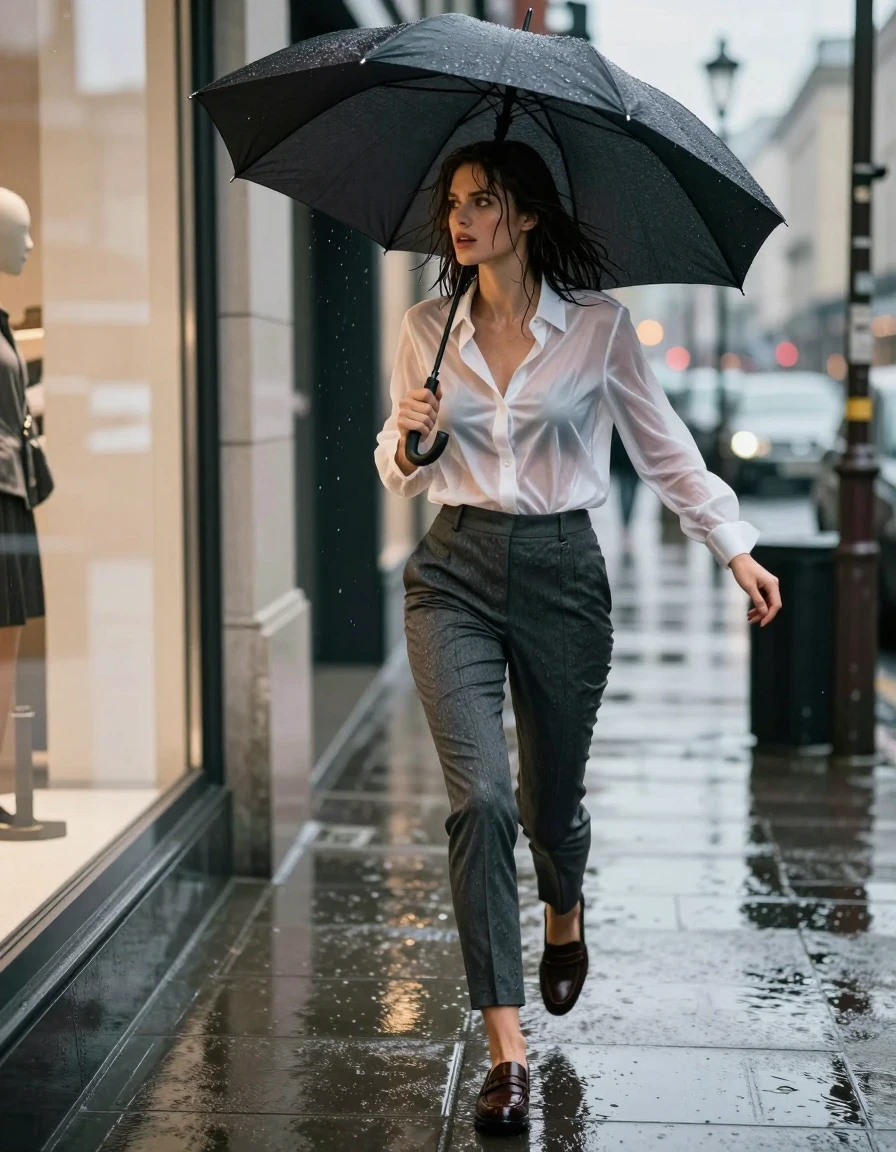 photo of young woman, in soaking wet, drenched clothes,
wet dark brown leather loafers with visible water pooling around soles, clinging wet charcoal grey slim-fit dress slacks with dark damp saturation, drenched sheer white silk button-down shirt tightly adhering to skin, rain-slicked urban sidewalk in a high-end shopping district at dusk, 
enjoying, wet clothes stuck to body,
detailed textures of the wet clothes, wet face, wet plastered hair,
wet, drenched, professional, high-quality details, full body view.
sharp focus, ultra-high pixel detail, realistic, high-quality, full colors, incredibly detailed, 4k, 8k, 16k, hyper-realistic, RAW photo, masterpiece, ultra-detailed, professionally color graded, professional photograph, subject frantically struggling to open a sleek black umbrella while rushing toward a shop window, fabric fibers clearly visible, wet hair plastered against cheeks, raindrops glistening on surfaces, editorial fashion photography, wide-angle street level view, cinematic natural lighting, sharp focus on subject, 8k resolution, photorealistic, wet skin, wet clothes, damp fabric