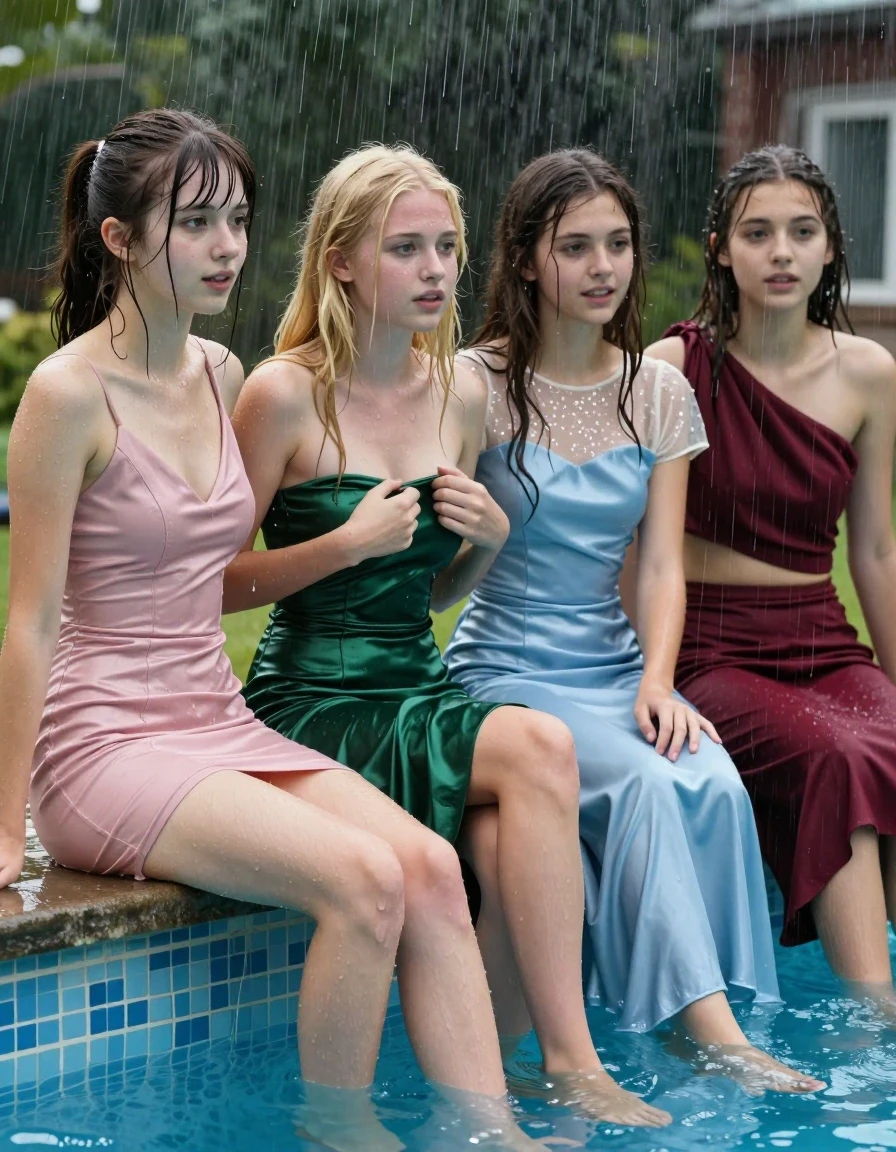 photo of young woman, in soaking wet, drenched clothes,
, , tight small homecoming dress, girls sitting on the edge of a pool in the pouring rain, 
enjoying, wet clothes stuck to body,
detailed textures of the wet clothes, wet face, wet plastered hair,
wet, drenched, professional, high-quality details, full body view.
sharp focus, ultra-high pixel detail, realistic, high-quality, full colors, incredibly detailed, 4k, 8k, 16k, hyper-realistic, RAW photo, masterpiece, ultra-detailed, professionally color graded, professional photograph, 4 college girls both having fun together. All a similar age, a nineteen year old girl, with a flat and slim body, skinny body, flat and skinny chest, a She has a wide square young face but a small very skinny waist and skinny legs, a very small chest and very small breasts, she is a pale brunette with ponytail and bangs. She has a small body, She is full of youthful energy. wearing a pale pink formal satin dress with a very low v-neck. Her friend has blonde hair and large size DD breasts,a wide square face, she is wearing a strapless green satin dress she struggles to keep the top up. The third girl is 19, with brunette hair, she is wearing a short pale blue satin gown with a highish neckline and a sparkly sheer short sleeve cream undershirt. The 4th girl is brunette with a small body and thin legs, she is wearing a maroon red one shoulder aesymmetrical top  that cuts off at the midriff and a maroon skirt. all of them except the blonde girl have very small breasts. wet skin, wet clothes, damp fabric,, wet skin, wet clothes, damp fabric, wet skin, wet clothes, damp fabric, wet skin, wet clothes, damp fabric, wet skin, wet clothes, damp fabric, wet skin, wet clothes, damp fabric, wet skin, wet clothes, damp fabric, wet skin, wet clothes, damp fabric, wet skin, wet clothes, damp fabric, wet skin, wet clothes, damp fabric