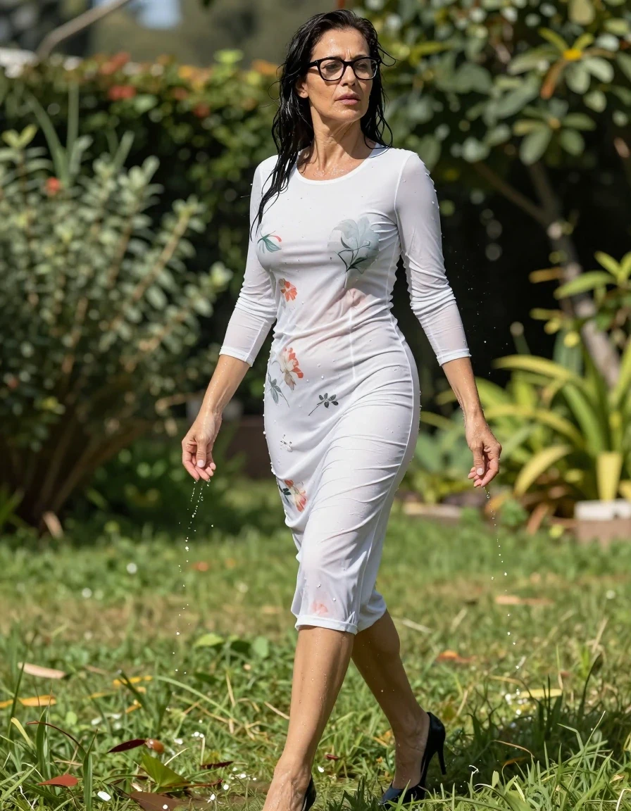 photo of young woman, in soaking wet, drenched clothes,
high heels black shoes, long white floral tight t-shirt dress, long white floral tight t-shirt dress, in sunny garden, enjoying wet clothes stuck body, enjoying, wet clothes stuck to body, 
enjoying, wet clothes stuck to body,
detailed textures of the wet clothes, wet face, wet plastered hair,
wet, drenched, professional, high-quality details, full body view.
sharp focus, ultra-high pixel detail, realistic, high-quality, full colors, incredibly detailed, 4k, 8k, 16k, hyper-realistic, RAW photo, masterpiece, ultra-detailed, professionally color graded, professional photograph, europen brunette skinny woman 50 years old, long dark black hair, office glasses, very big and thick lips, complete body, wet skin, wet clothes, damp fabric, wet skin, wet clothes, damp fabric, wet skin, wet clothes, damp fabric, wet skin, wet clothes, damp fabric, wet skin, wet clothes, damp fabric, wet skin, wet clothes, damp fabric, wet skin, wet clothes, damp fabric
