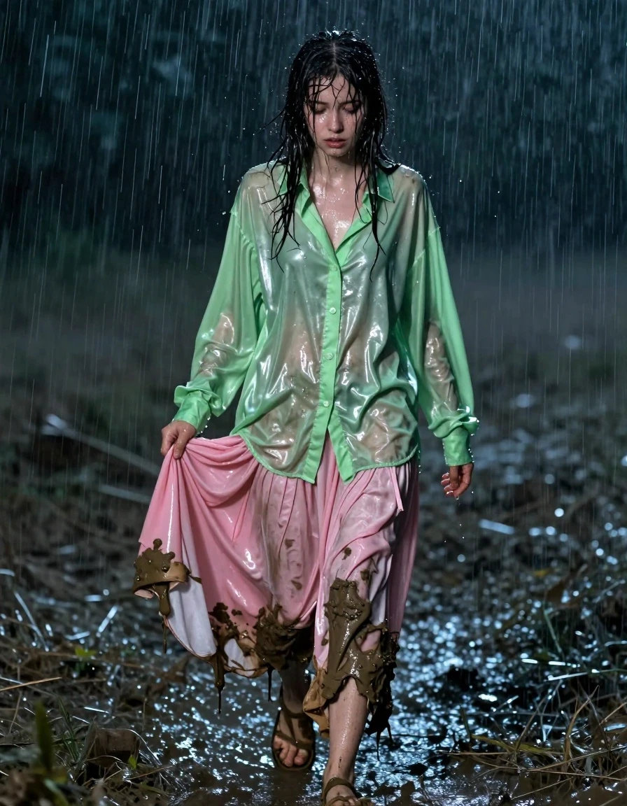 A photorealistic medium-full shot of a disheveled, nerdy young adult European woman walking across desolate, dark, empty fields during a torrential night rainstorm. Her skin is glistening with rainwater, hair plastered to her face, appearing exhausted and weary. She wears a vivid light green satin long-sleeved oversized shirt, fully unbuttoned, the fabric clinging to her skin as it becomes dark, heavy, and translucent from the downpour. Beneath, she wears a voluminous pink silk floor-length skirt layered over multiple petticoats, the fabric soaked through and heavy, clinging to her legs. She is captured in the act of gingerly holding the edge of her sodden, mud-splattered skirt up to prevent it from dragging in the muck. Her feet are encased in ruined, mud-caked sandals. The lighting is cold and moody, provided by deep night shadows and the high-contrast sheen of water reflecting off her damp clothes and skin. Cinematic composition, hyper-realistic textures, visible individual raindrops, soaked fabric folds, heavy water-saturated material, high-fidelity skin pores, damp atmosphere, dark and moody environment.
