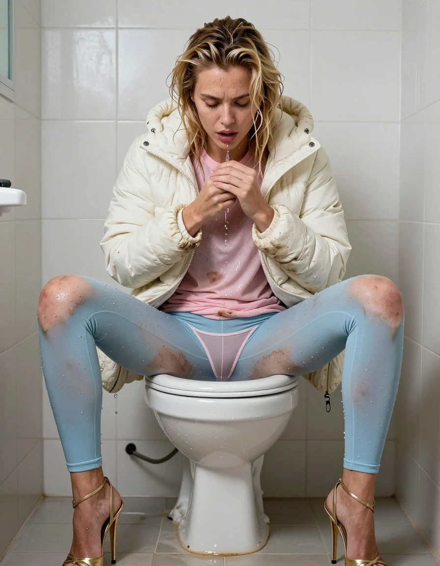 photo of young woman, in soaking wet, drenched clothes,
Strappy gold stilettos, Dirty pale blue leggings , Very muddy white puffer jacket , dirty pink t-shirt , On toilet, legs apart, peeing in clothes , having a dump in her panties, 
enjoying, wet clothes stuck to body,
detailed textures of the wet clothes, wet face, wet plastered hair,
wet, drenched, professional, high-quality details, full body view.
sharp focus, ultra-high pixel detail, realistic, high-quality, full colors, incredibly detailed, 4k, 8k, 16k, hyper-realistic, RAW photo, masterpiece, ultra-detailed, professionally color graded, professional photograph, Blonde, wet skin, wet clothes, damp fabric