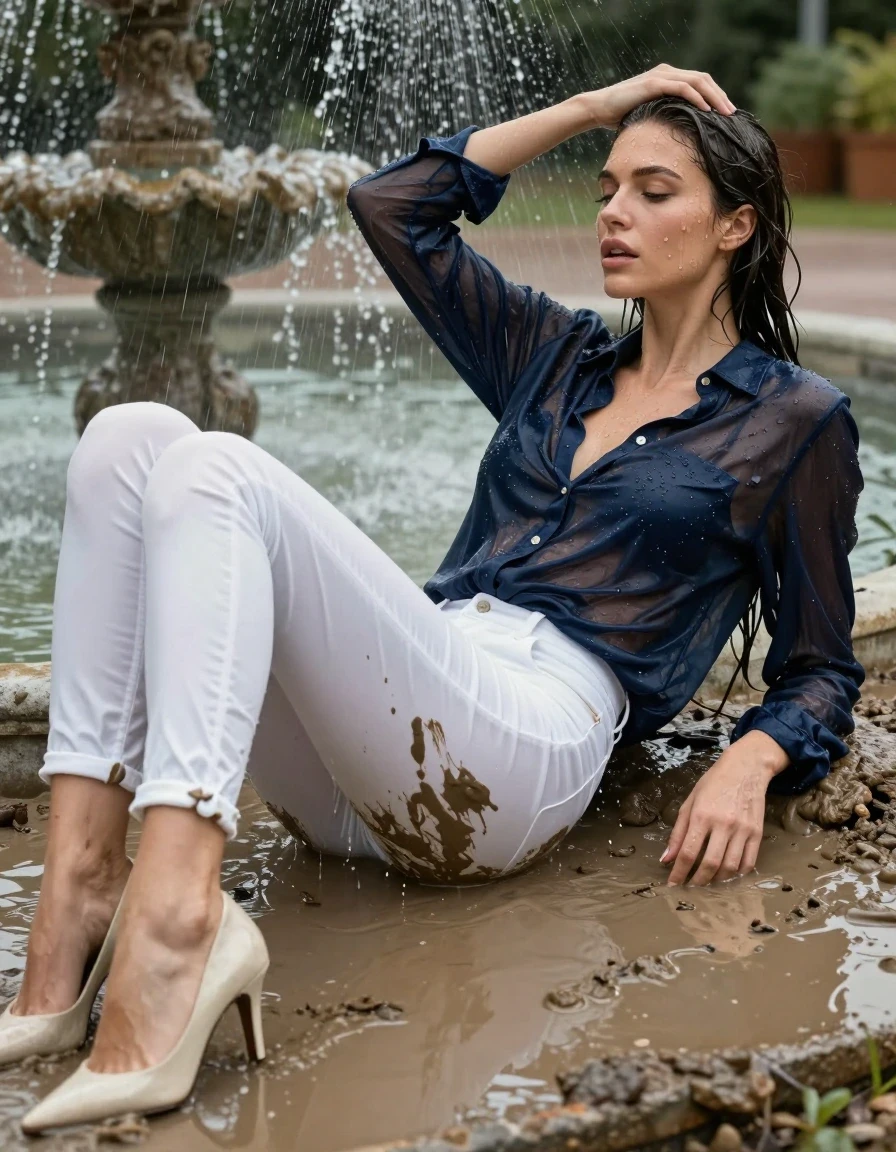 photo of young woman, in soaking wet, drenched clothes,
pumps, muddy white slim floor-length silk jeans, see-through, muddy dark blue oversized long blouse, see-through, mud shower, 
enjoying, wet clothes stuck to body,
detailed textures of the wet clothes, wet face, wet plastered hair,
wet, drenched, professional, high-quality details, full body view.
sharp focus, ultra-high pixel detail, realistic, high-quality, full colors, incredibly detailed, 4k, 8k, 16k, hyper-realistic, RAW photo, masterpiece, ultra-detailed, professionally color graded, professional photograph, lying in muddy fountain, collar, long sleeves, buttoned, muddy wet hair, long hair, muddy clothes,  full body view, see-through, side view, muddy clothes, drenched clothes, shower, wet skin, wet clothes, damp fabric