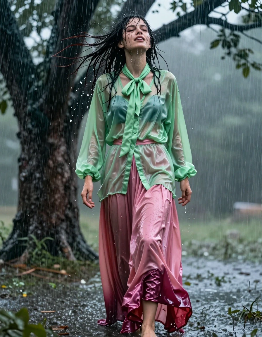 A photorealistic, high-detail portrait of a young adult European woman with a nerdy aesthetic, caught in a torrential downpour and gale-force winds under the canopy of an ancient tree. Her hair is plastered to her face and scalp, dripping with heavy rainwater. She is wearing a vivid light green satin long-sleeved oversized shirt with a bowtie, the fabric clinging to her skin, translucent and darkened by heavy saturation. She wears a pink silk floor-length skirt layered over multiple petticoats, the silk heavy, sodden, and clinging to her legs in deep, wet folds, with the fabric turned a rich, dark magenta due to the water absorption. She is barefoot, her skin slick with water sheen, raindrops running down her face and neck. Her expression is one of intense, breathless ecstasy, eyes half-closed, head tilted back in a moment of pure sensory overload from the storm. The environment is chaotic with wind-blown leaves and heavy rain streaks, creating a blurred, atmospheric depth of field. Cinematic lighting highlights the glistening wet textures of the skin and fabrics, realistic water droplets, high-contrast reflections, 8k resolution, hyper-realistic wet-look photography.
