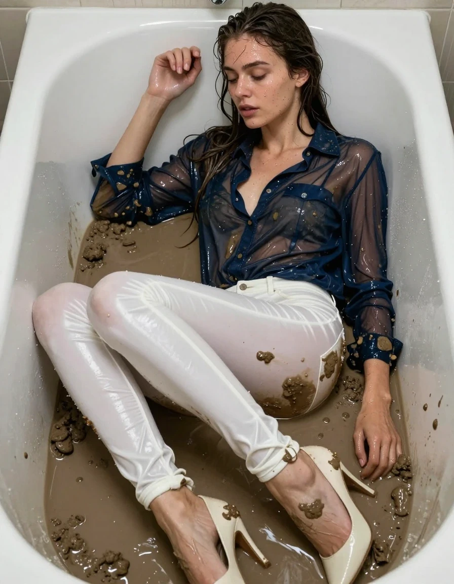 photo of young woman, in soaking wet, drenched clothes,
pumps, muddy white slim floor-length silk jeans, see-through, muddy dark blue oversized long blouse, see-through, mud hole, 
enjoying, wet clothes stuck to body,
detailed textures of the wet clothes, wet face, wet plastered hair,
wet, drenched, professional, high-quality details, full body view.
sharp focus, ultra-high pixel detail, realistic, high-quality, full colors, incredibly detailed, 4k, 8k, 16k, hyper-realistic, RAW photo, masterpiece, ultra-detailed, professionally color graded, professional photograph, lying in muddy bathtub, collar, long sleeves, buttoned, muddy wet hair, long hair, muddy clothes,  full body view, see-through, side view, muddy clothes, drenched clothes, mud shower, wet skin, wet clothes, damp fabric