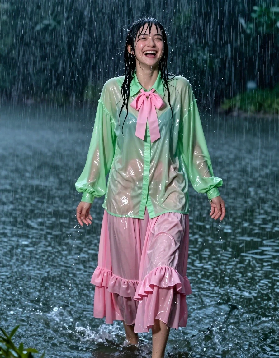 A photorealistic portrait of a young adult European woman with a nerdy aesthetic, caught in a torrential downpour in the middle of a lake at night. She has a joyful expression, laughing with her head tilted back as she fully enjoys the heavy rain. Her skin is glistening with water, and her hair is plastered to her head and shoulders, dripping with rain. She is wearing a vivid light green satin long-sleeved oversized shirt with a pink bowtie, and a pink silk floor-length skirt layered over multiple petticoats. The fabric of the shirt and skirt is completely soaked, appearing heavy, dark, and clinging to her body in realistic folds and creases, with a strong water sheen. She is standing barefoot in the shallow water of the lake. The scene is set during a violent storm with huge winds whipping the rain around her, captured with high-speed photography to freeze the chaotic movement of water droplets. Cinematic lighting highlights the specular reflections on her wet skin and the saturated, damp fabric of her clothes. Sharp focus, 8k resolution, highly detailed textures, atmospheric night environment.