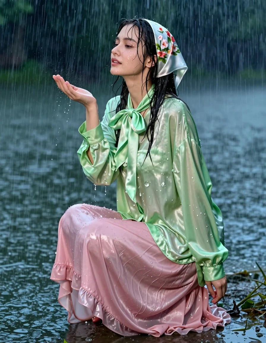 photo of young woman, in soaking wet, drenched clothes,
barefeet, pink silk floor length skirt, multiple petticoats, silk headscarf with flowers, vivid light green satin long sleeved oversized shirt, bowtie, next to a lake at night, during torrential downpour and huge winds, 
enjoying, wet clothes stuck to body,
detailed textures of the wet clothes, wet face, wet plastered hair,
wet, drenched, professional, high-quality details, full body view.
sharp focus, ultra-high pixel detail, realistic, high-quality, full colors, incredibly detailed, 4k, 8k, 16k, hyper-realistic, RAW photo, masterpiece, ultra-detailed, professionally color graded, professional photograph, nerdy,caught in the storm, on her knees, enjoys the rain, wet skin, wet clothes, damp fabric, wet skin, wet clothes, damp fabric