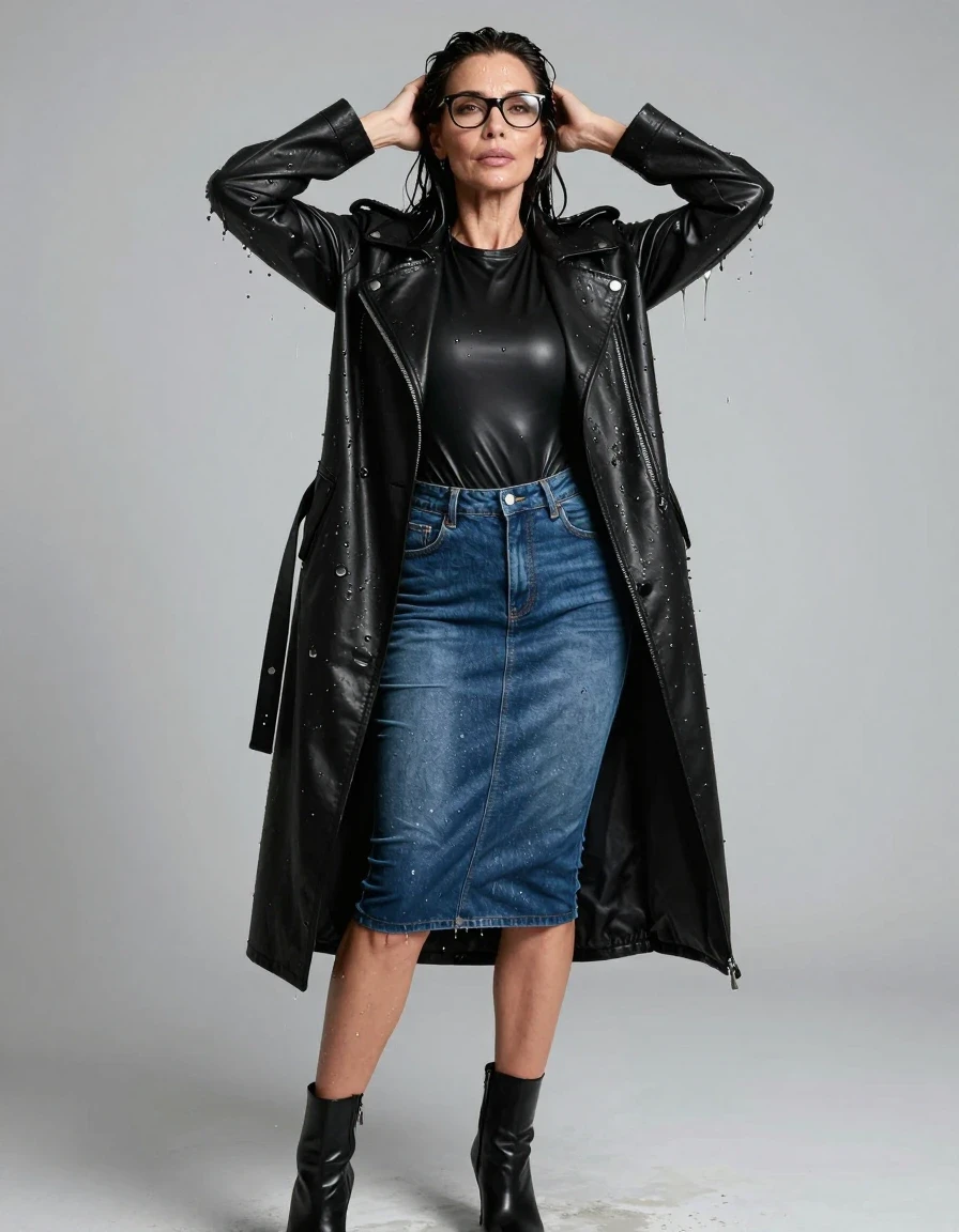 photo of young woman, in soaking wet, drenched clothes,
high heels black boots, long blue tight leather denim skirt, long black tight leather t-shirt, maxi black leather byker jacket, after shower, enjoying wet clothes stuck body, enjoying, wet clothes stuck to body, 
enjoying, wet clothes stuck to body,
detailed textures of the wet clothes, wet face, wet plastered hair,
wet, drenched, professional, high-quality details, full body view.
sharp focus, ultra-high pixel detail, realistic, high-quality, full colors, incredibly detailed, 4k, 8k, 16k, hyper-realistic, RAW photo, masterpiece, ultra-detailed, professionally color graded, professional photograph, europen brunette skinny woman 50 years old, long dark black hair, office glasses, very big and thick lips, complete body, wet skin, wet clothes, damp fabric, wet skin, wet clothes, damp fabric, wet skin, wet clothes, damp fabric, wet skin, wet clothes, damp fabric, wet skin, wet clothes, damp fabric, wet skin, wet clothes, damp fabric, wet skin, wet clothes, damp fabric