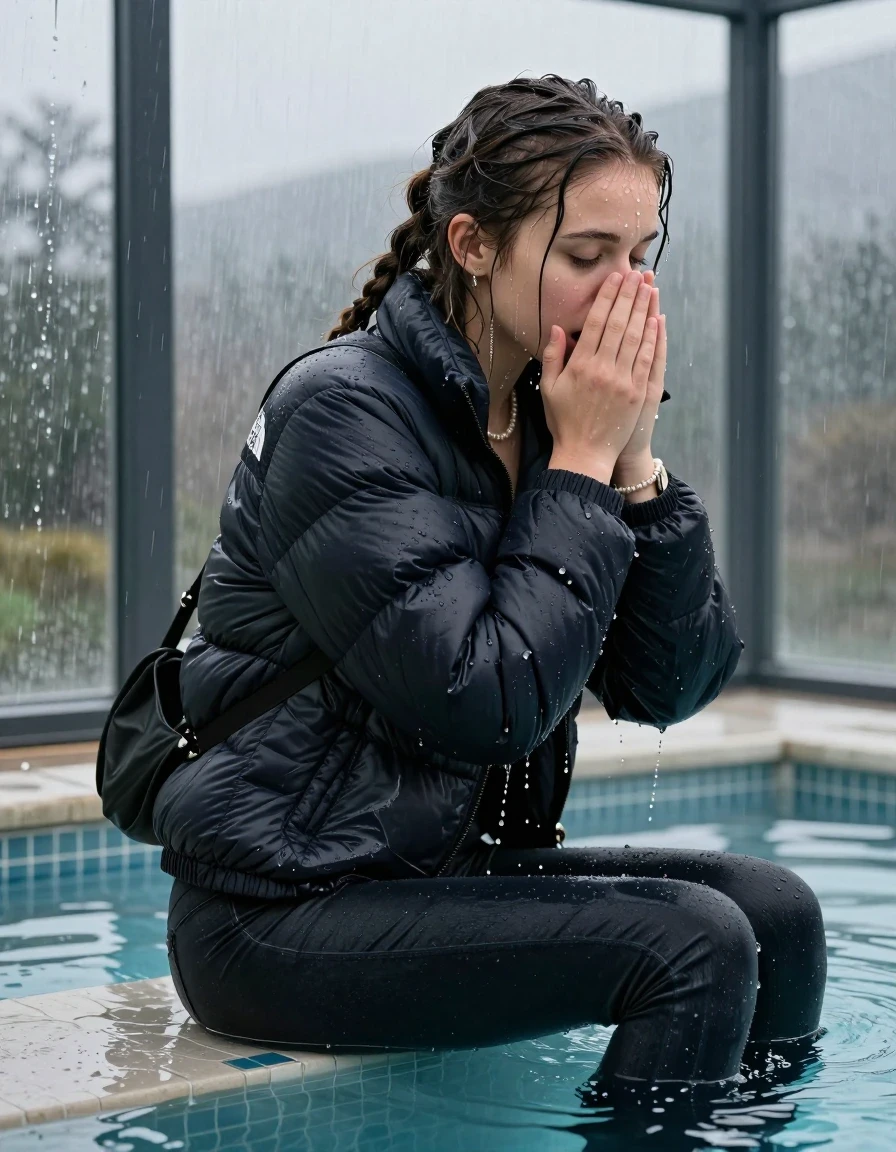 photo of young woman, in soaking wet, drenched clothes,
, Dark skinny jeans,  north face puffer down jacket, Open jacket, tight v-neck sweater, shoulderbag, pearl necklace, bracelet, wristwatch, Steaming indoor jacuzzi , 
enjoying, wet clothes stuck to body,
detailed textures of the wet clothes, wet face, wet plastered hair,
wet, drenched, professional, high-quality details, full body view.
sharp focus, ultra-high pixel detail, realistic, high-quality, full colors, incredibly detailed, 4k, 8k, 16k, hyper-realistic, RAW photo, masterpiece, ultra-detailed, professionally color graded, professional photograph, A realistic vertical fashion photograph taken from a backward, behind-the-back angle of a 15-year-old teenage girl sitting  in a glass-walled outdoor swimming pool, facing to the camera to show her back. She is tilting her head at camera, letting the water drench her hair so it is glued flat against her head and body. She has two long braids , completely saturated and dripping wet hair, with water cascading down her face and neck. Afraid and astonished expression. cover her nose with her hands. open mouth, closed eyes. The lighting is bright and cinematic, highlighting the glistening water droplets on her skin and the saturated texture of her  casual clothes. Outside the large glass wall of the pool building, heavy rain is visible falling against the window. Soft, moody indoor lighting with reflections on the water. High-quality fashion photography style.
her clothing is soaking wet and clinging tightly to her skin, showing heavy wet folds, darkened fabric texture, and deep water-saturated Patches, her clothes are heavy from the water, water runs from her body and her clothes in streams. A lot of water also runs out of her clothes. Her clothes are darkened by the water. 
hyper-realistic wetness, high-contrast water sheen, sharp focus, 16k resolution, professional photography, realistic water physics., wet skin, wet clothes, damp fabric, wet skin, wet clothes, damp fabric, wet skin, wet clothes, damp fabric, wet skin, wet clothes, damp fabric, wet skin, wet clothes, damp fabric, wet skin, wet clothes, damp fabric, wet skin, wet clothes, damp fabric, wet skin, wet clothes, damp fabric, wet skin, wet clothes, damp fabric, wet skin, wet clothes, damp fabric, wet skin, wet clothes, damp fabric, wet skin, wet clothes, damp fabric, wet skin, wet clothes, damp fabric, wet skin, wet clothes, damp fabric, wet skin, wet clothes, damp fabric
