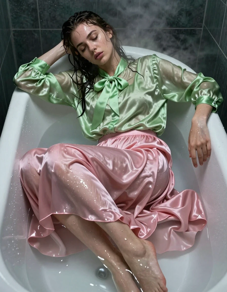 A photorealistic full-body shot of an exhausted young adult European woman sitting in a filled bathtub, fully clothed after being caught in a storm. She is wearing a vivid light green satin long-sleeved oversized shirt with a bowtie, and a pink silk floor-length skirt layered over multiple petticoats. Every garment is heavily soaked and saturated with water, clinging to her body with realistic weight and deep, darkened colors. The satin shirt and pink silk skirt show heavy wet folds, water-logged texture, and a high-sheen wet look where the fabric is completely saturated. Her skin is glistening with water, and her hair is wet and plastered to her face and shoulders. She is barefoot, with water droplets visible on her skin. The setting is a dimly lit, atmospheric bathroom with steam rising from the hot water. The lighting is soft and moody, highlighting the glossy specular reflections on the wet fabric surfaces and the glistening skin. High-detail, cinematic lighting, 8k resolution, realistic textures.