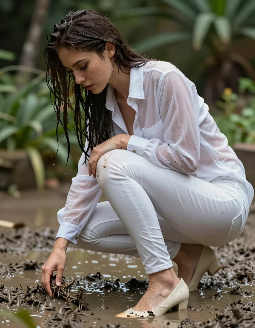photo of young woman, in soaking wet, drenched clothes,
pumps, dark white slim floor-length silk jeans, see-through, dark white oversized long blouse, see-through, garden, mud rolling, 
enjoying, wet clothes stuck to body,
detailed textures of the wet clothes, wet face, wet plastered hair,
wet, drenched, professional, high-quality details, full body view.
sharp focus, ultra-high pixel detail, realistic, high-quality, full colors, incredibly detailed, 4k, 8k, 16k, hyper-realistic, RAW photo, masterpiece, ultra-detailed, professionally color graded, professional photograph, collar, long sleeves, buttoned, wet clinging hair, long hair, drenched, dripping wet, submerged, full body view, see-through, side view, muddy clothes, wet skin, wet clothes, damp fabric