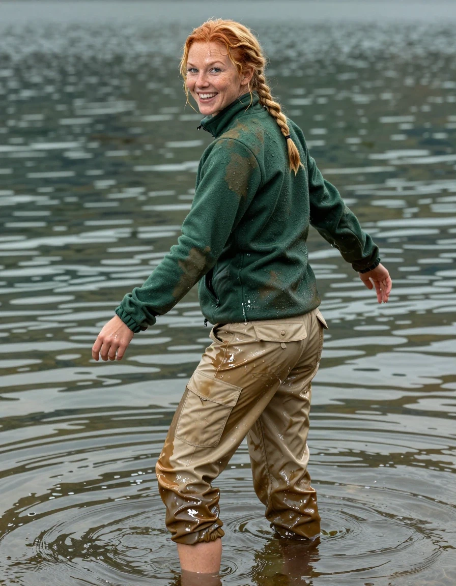 A photorealistic portrait of a 29-year-old Scottish woman with fair freckled skin and strawberry blonde hair pulled into a damp, water-clinging braid. She has bright blue-gray eyes and an exhilarated, playful grin as she looks back at the viewer. She is standing in a clear, shallow lake with gentle ripples spreading outward around her legs. She is wearing a dark green fleece jacket that is heavy, darkened, and clinging to her skin from being soaked through, with visible water-saturated texture and dripping hems. She wears beige cargo pants that are soaking-wet, water-saturated fabric, darkened to a deep, earthy tan with unevenly soaked patches, heavy wet folds, and strong glossy specular reflections on the seams and creases. She is barefoot, with her feet submerged in the clear water. Her arms are slightly outstretched in an expression of joy and adventurous curiosity. The lighting is natural and bright, highlighting the sheen of water on her skin and the wet, heavy texture of her clothing. High-resolution, cinematic photography, sharp focus, 8k, detailed skin texture, realistic water physics.