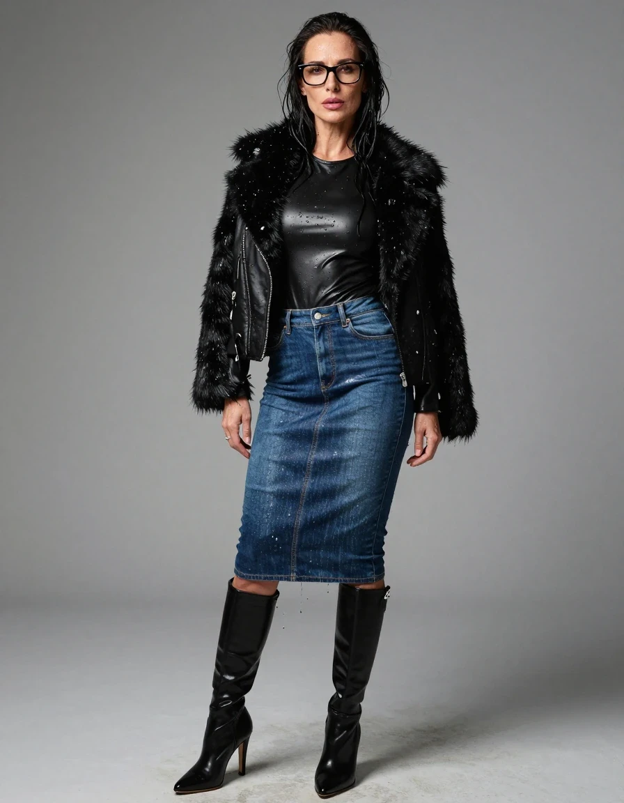 photo of young woman, in soaking wet, drenched clothes,
high heels black boots, long blue tight leather denim skirt, long black tight leather t-shirt, maxi black leather byker jacket with fur, enjoying wet clothes stuck body, enjoying, wet clothes stuck to body, 
enjoying, wet clothes stuck to body,
detailed textures of the wet clothes, wet face, wet plastered hair,
wet, drenched, professional, high-quality details, full body view.
sharp focus, ultra-high pixel detail, realistic, high-quality, full colors, incredibly detailed, 4k, 8k, 16k, hyper-realistic, RAW photo, masterpiece, ultra-detailed, professionally color graded, professional photograph, europen brunette skinny woman 50 years old, long dark black hair, office glasses, very big and thick lips, complete body, wet skin, wet clothes, damp fabric, wet skin, wet clothes, damp fabric, wet skin, wet clothes, damp fabric, wet skin, wet clothes, damp fabric, wet skin, wet clothes, damp fabric, wet skin, wet clothes, damp fabric, wet skin, wet clothes, damp fabric