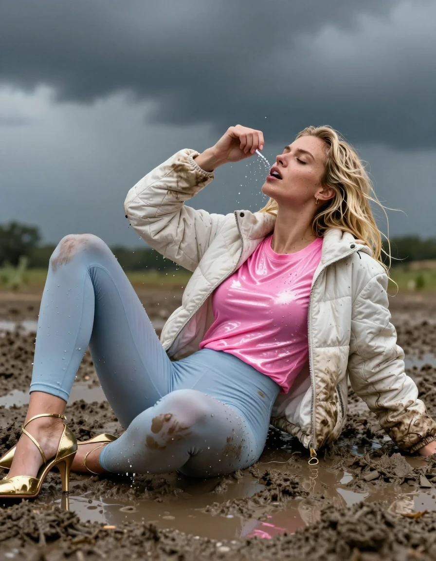 photo of young woman, in soaking wet, drenched clothes,
Strappy gold stilettos, Dirty pale blue leggings , Very dirty white puffer jacket , shiny pink t-shirt , Lying back in deep mud, legs apart, peeing, 
enjoying, wet clothes stuck to body,
detailed textures of the wet clothes, wet face, wet plastered hair,
wet, drenched, professional, high-quality details, full body view.
sharp focus, ultra-high pixel detail, realistic, high-quality, full colors, incredibly detailed, 4k, 8k, 16k, hyper-realistic, RAW photo, masterpiece, ultra-detailed, professionally color graded, professional photograph, Blonde, in thunder storm, wet skin, wet clothes, wet skin, wet clothes, damp fabric, wet skin, wet clothes, damp fabric
