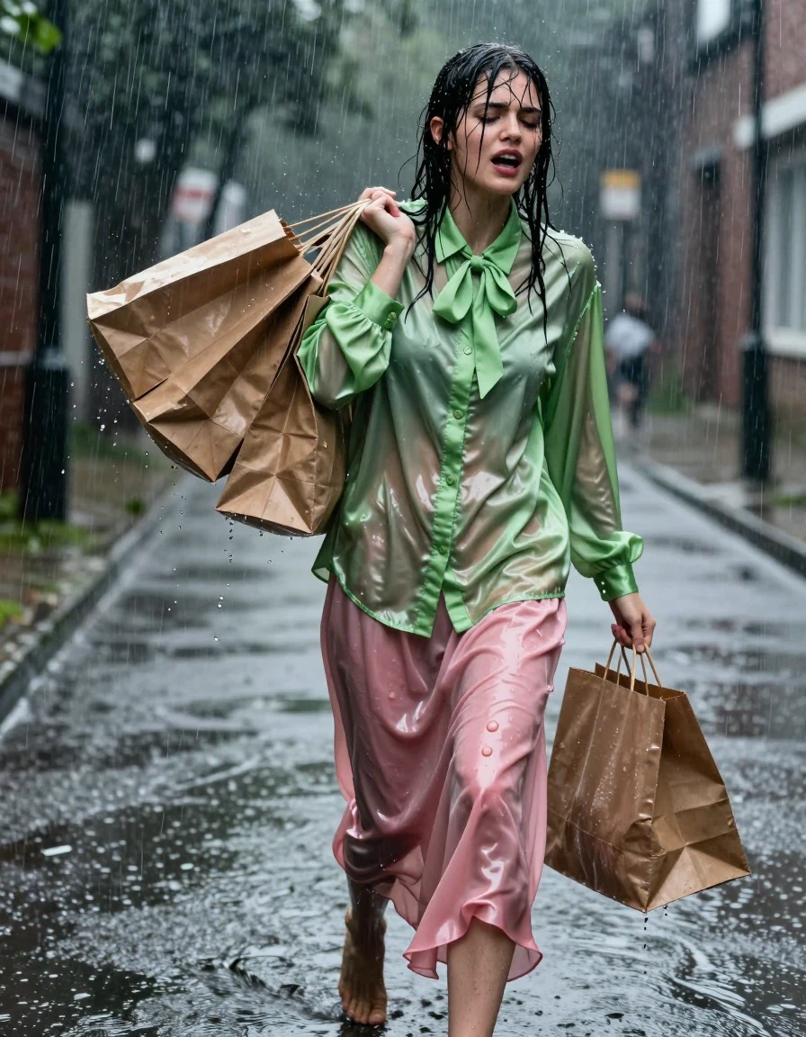 A photorealistic full-body shot of a nerdy young adult European woman caught in a torrential downpour on an empty path. She is wearing a vivid light green satin long-sleeved oversized shirt with a bowtie, and a pink silk floor-length skirt. The fabrics are heavily soaked, clinging to her body, with the satin and silk appearing translucent, darkened, and heavy with water, displaying deep folds and high-gloss specular highlights from the rain. She is barefoot, with wet skin and hair plastered to her face. She is struggling to carry several paper grocery bags that are disintegrating from the rain. Her expression is one of intense, breathless ecstasy and overwhelming physical sensation, eyes half-closed, mouth parted. The environment features heavy rain streaks, puddles reflecting the dim, moody ambient light, and a blurred wet asphalt path. High-contrast cinematic lighting, 8k resolution, hyper-detailed textures, water droplets running down skin, realistic wetness, sharp focus on the subject.