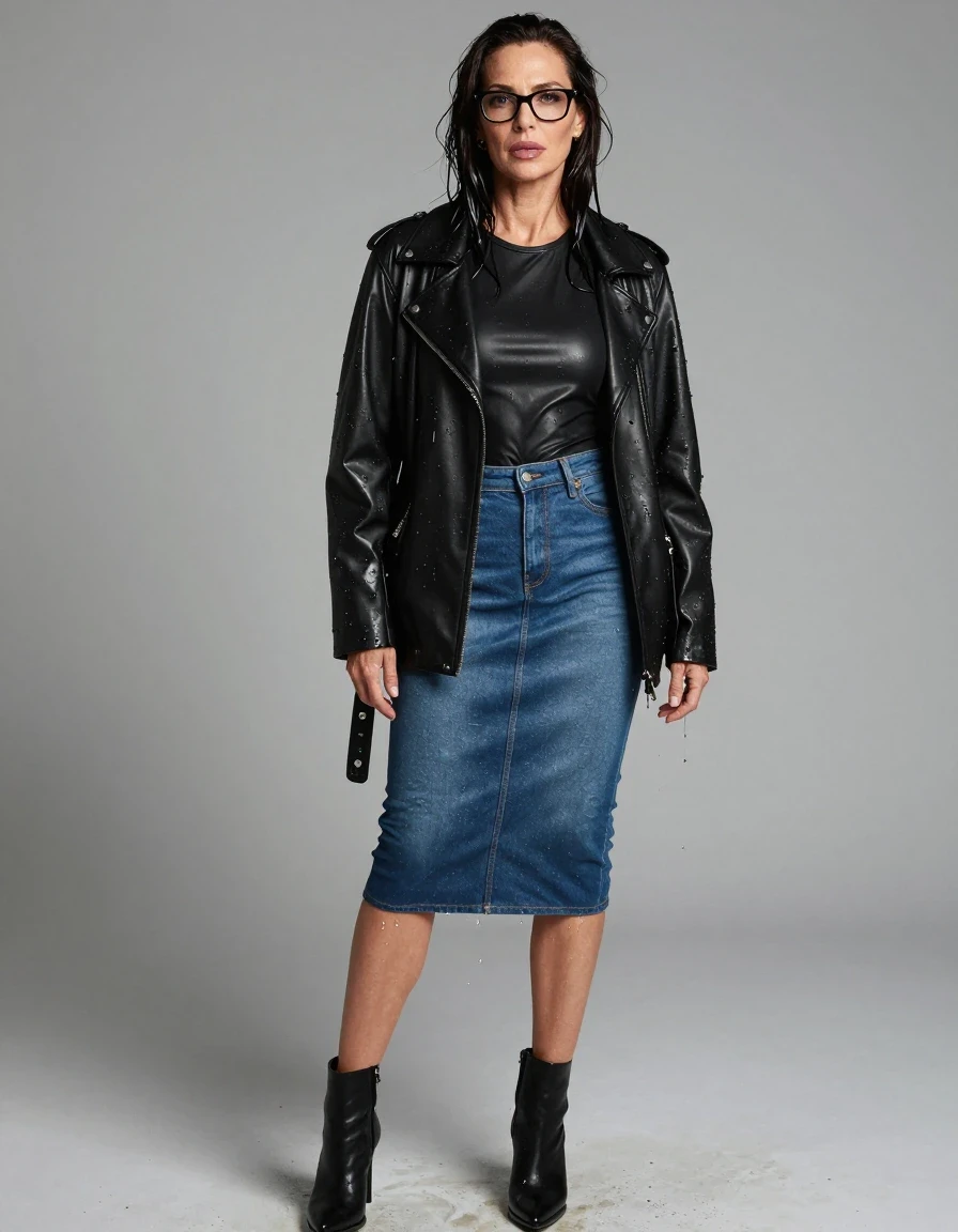 photo of young woman, in soaking wet, drenched clothes,
high heels black boots, long blue tight leather denim skirt, long black tight leather t-shirt, maxi black leather byker jacket, enjoying wet clothes stuck body, enjoying, wet clothes stuck to body, 
enjoying, wet clothes stuck to body,
detailed textures of the wet clothes, wet face, wet plastered hair,
wet, drenched, professional, high-quality details, full body view.
sharp focus, ultra-high pixel detail, realistic, high-quality, full colors, incredibly detailed, 4k, 8k, 16k, hyper-realistic, RAW photo, masterpiece, ultra-detailed, professionally color graded, professional photograph, europen brunette skinny woman 50 years old, long dark black hair, office glasses, very big and thick lips, complete body, wet skin, wet clothes, damp fabric, wet skin, wet clothes, damp fabric, wet skin, wet clothes, damp fabric, wet skin, wet clothes, damp fabric, wet skin, wet clothes, damp fabric, wet skin, wet clothes, damp fabric, wet skin, wet clothes, damp fabric