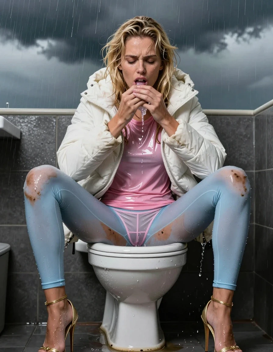 photo of young woman, in soaking wet, drenched clothes,
Strappy gold stilettos, Dirty pale blue leggings , Very muddy white puffer jacket , shiny pink t-shirt , On toilet, legs apart, peeing in panties, 
enjoying, wet clothes stuck to body,
detailed textures of the wet clothes, wet face, wet plastered hair,
wet, drenched, professional, high-quality details, full body view.
sharp focus, ultra-high pixel detail, realistic, high-quality, full colors, incredibly detailed, 4k, 8k, 16k, hyper-realistic, RAW photo, masterpiece, ultra-detailed, professionally color graded, professional photograph, Blonde, in thunder storm, wet skin, wet clothes, wet skin, wet clothes, damp fabric, wet skin, wet clothes, damp fabric