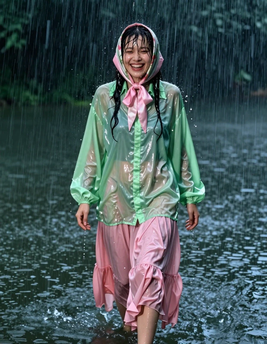A photorealistic portrait of a nerdy young adult European woman standing in a lake at night during a torrential downpour with huge winds. She is laughing, clearly enjoying the storm, with her hair plastered to her forehead and water dripping down her face. She is wearing a silk headscarf adorned with flowers, soaked and clinging to her head, and a vivid light green satin long-sleeved oversized shirt with a pink bowtie, both garments heavy with water, translucent, clinging to her skin, and displaying deep, wet folds. She wears a pink silk floor-length skirt layered over multiple petticoats, the fabric completely saturated, heavy, and dragging in the water with visible wet texture. Her bare feet are submerged in the lake. The scene features highly realistic wet skin with a shimmering water sheen, dark soaked fabric with clinging silhouettes, and visible raindrops splashing off her clothing. Cinematic lighting captures the contrast between the dark, stormy night and the glistening wet surfaces. Captured with a high-speed lens to freeze the torrential rain, sharp focus on her joyful expression, 8k resolution, highly detailed textures.
