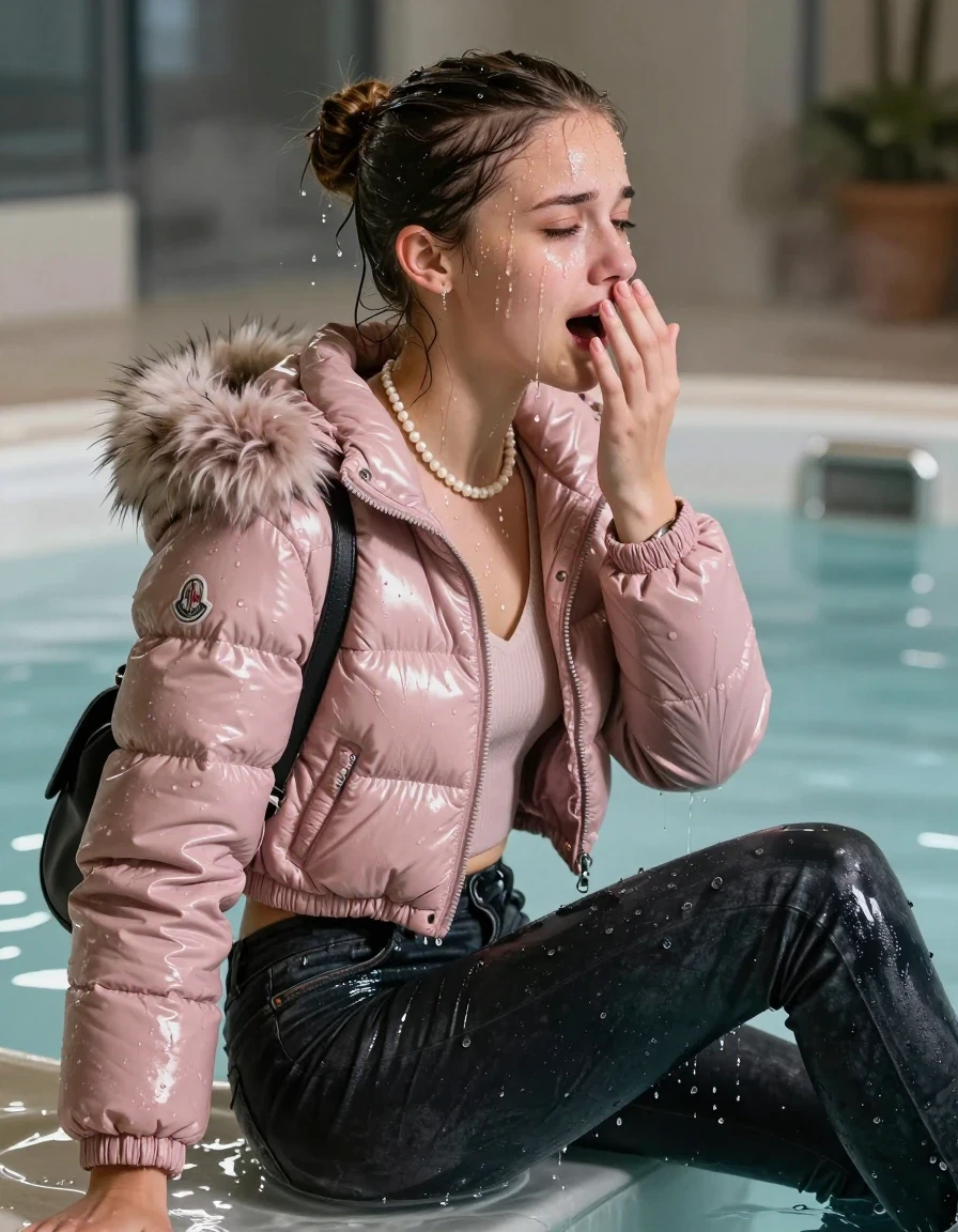 photo of young woman, in soaking wet, drenched clothes,
, Dark skinny jeans, Light pink Moncler shiny puffer down jacket with fur, Open jacket, tight v-neck sweater, shoulderbag, pearl necklace, bracelet, wristwatch, Steaming indoor jacuzzi , 
enjoying, wet clothes stuck to body,
detailed textures of the wet clothes, wet face, wet plastered hair,
wet, drenched, professional, high-quality details, full body view.
sharp focus, ultra-high pixel detail, realistic, high-quality, full colors, incredibly detailed, 4k, 8k, 16k, hyper-realistic, RAW photo, masterpiece, ultra-detailed, professionally color graded, professional photograph, A realistic vertical fashion photograph taken from a backward, behind-the-back angle of a 15-year-old teenage girl sitting in a steaming indoor jacuzzi, facing away from the camera to show her back. She is tilting her head at camera, letting the water drench her hair so it is glued flat against her head and body. She has a sleek bun , completely saturated and dripping wet hair, with water cascading down her face and neck, crying and astonished expression. Hold her hand over her mouth. open mouth, half closed eyes. The lighting is bright and cinematic, highlighting the glistening water droplets on her skin and the saturated texture of her  casual clothes.  half closed eyes. 
her clothing is soaking wet and clinging tightly to her skin, showing heavy wet folds, darkened fabric texture, and deep water-saturated Patches, her clothes are heavy from the water, water runs from her body and her clothes in streams. A lot of water also runs out of her clothes. Her clothes are darkened by the water. 
hyper-realistic wetness, high-contrast water sheen, sharp focus, 16k resolution, professional photography, realistic water physics., wet skin, wet clothes, damp fabric, wet skin, wet clothes, damp fabric, wet skin, wet clothes, damp fabric, wet skin, wet clothes, damp fabric, wet skin, wet clothes, damp fabric, wet skin, wet clothes, damp fabric, wet skin, wet clothes, damp fabric, wet skin, wet clothes, damp fabric, wet skin, wet clothes, damp fabric, wet skin, wet clothes, damp fabric, wet skin, wet clothes, damp fabric, wet skin, wet clothes, damp fabric, wet skin, wet clothes, damp fabric