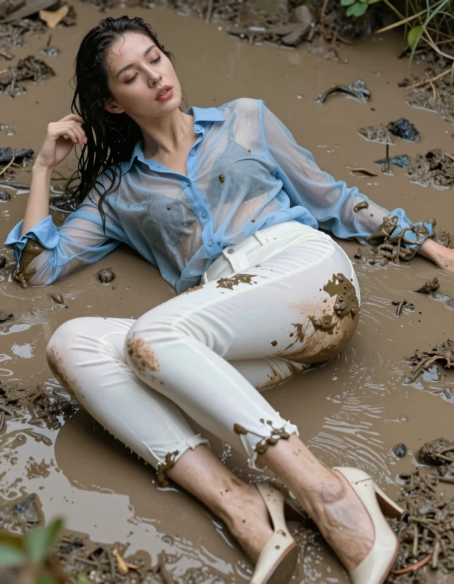 photo of young woman, in soaking wet, drenched clothes,
pumps, muddy white slim floor-length silk jeans, see-through, muddy light blue oversized long blouse, see-through, mud shower, 
enjoying, wet clothes stuck to body,
detailed textures of the wet clothes, wet face, wet plastered hair,
wet, drenched, professional, high-quality details, full body view.
sharp focus, ultra-high pixel detail, realistic, high-quality, full colors, incredibly detailed, 4k, 8k, 16k, hyper-realistic, RAW photo, masterpiece, ultra-detailed, professionally color graded, professional photograph, lying in muddy pool, collar, long sleeves, buttoned, muddy wet hair, long hair, muddy clothes,  full body view, see-through, side view, muddy clothes, drenched clothes, shower, wet skin, wet clothes, damp fabric